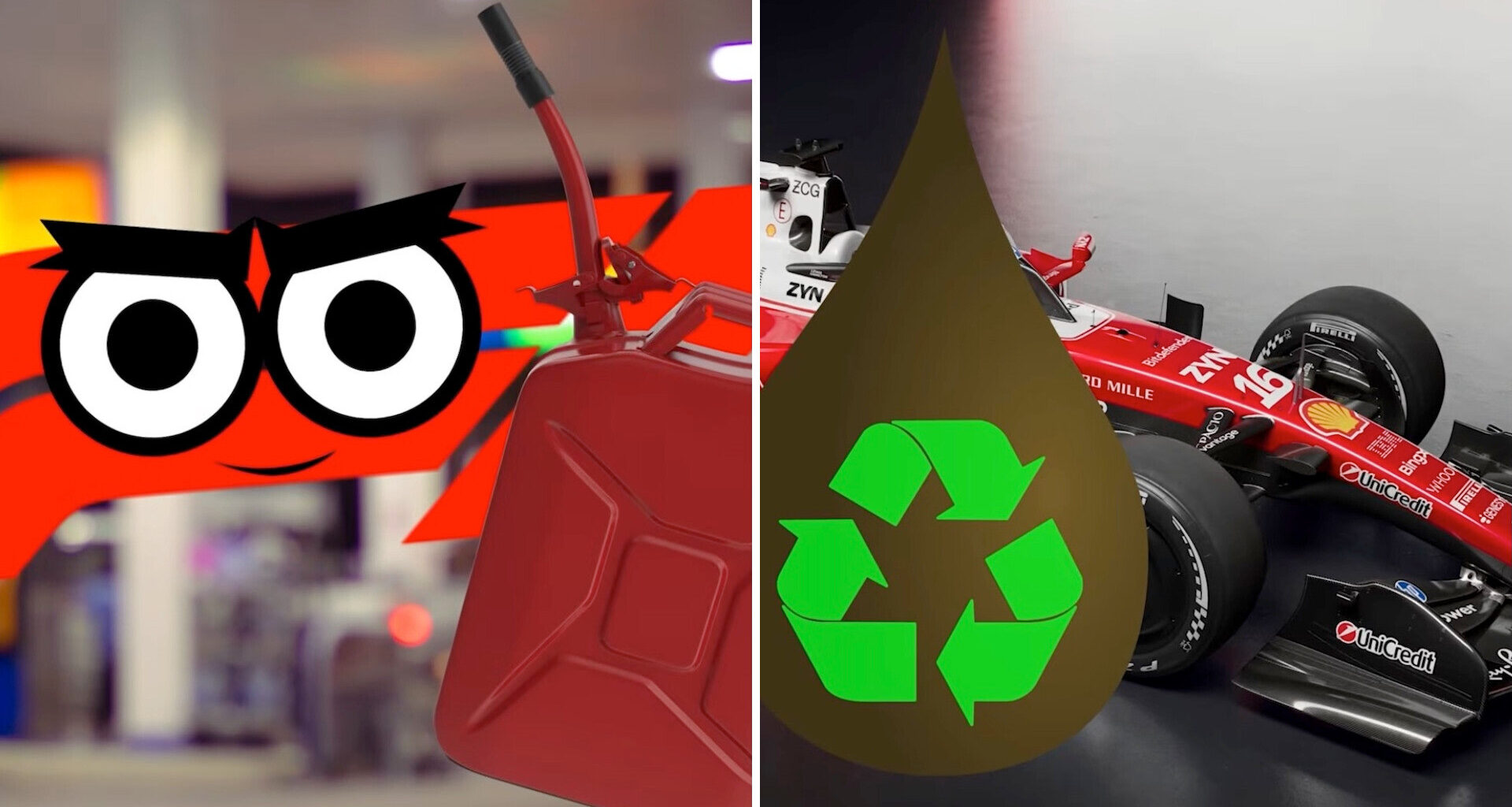 A cartoon character with large eyes next to a red gas can and a Formula 1 car with a green recycling symbol.