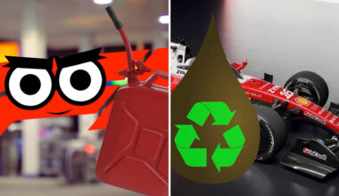 A cartoon character with large eyes next to a red gas can and a Formula 1 car with a green recycling symbol.