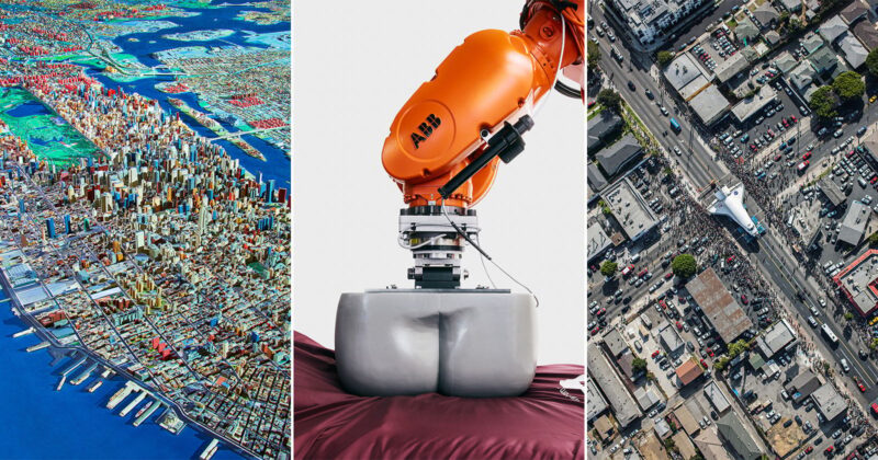 A triptych showing a colorful 3D-rendered city map, an orange ABB robotic arm pressing into a gray form, and an aerial view of a space shuttle being transported through a city street.
