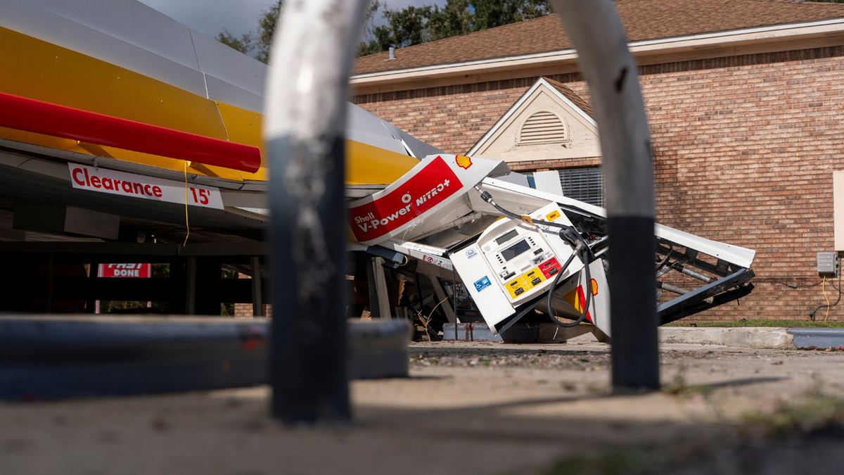 A Shell gas station is collapsed after Hurricane Isaias came ashore.Hurricane Isaias made landfall Friday, October 9 along the U.S. Gulf coast.