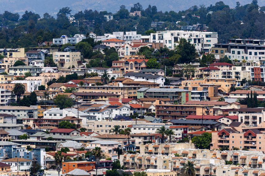 An aerial view of homes and apartments in Los Angeles on April 9.