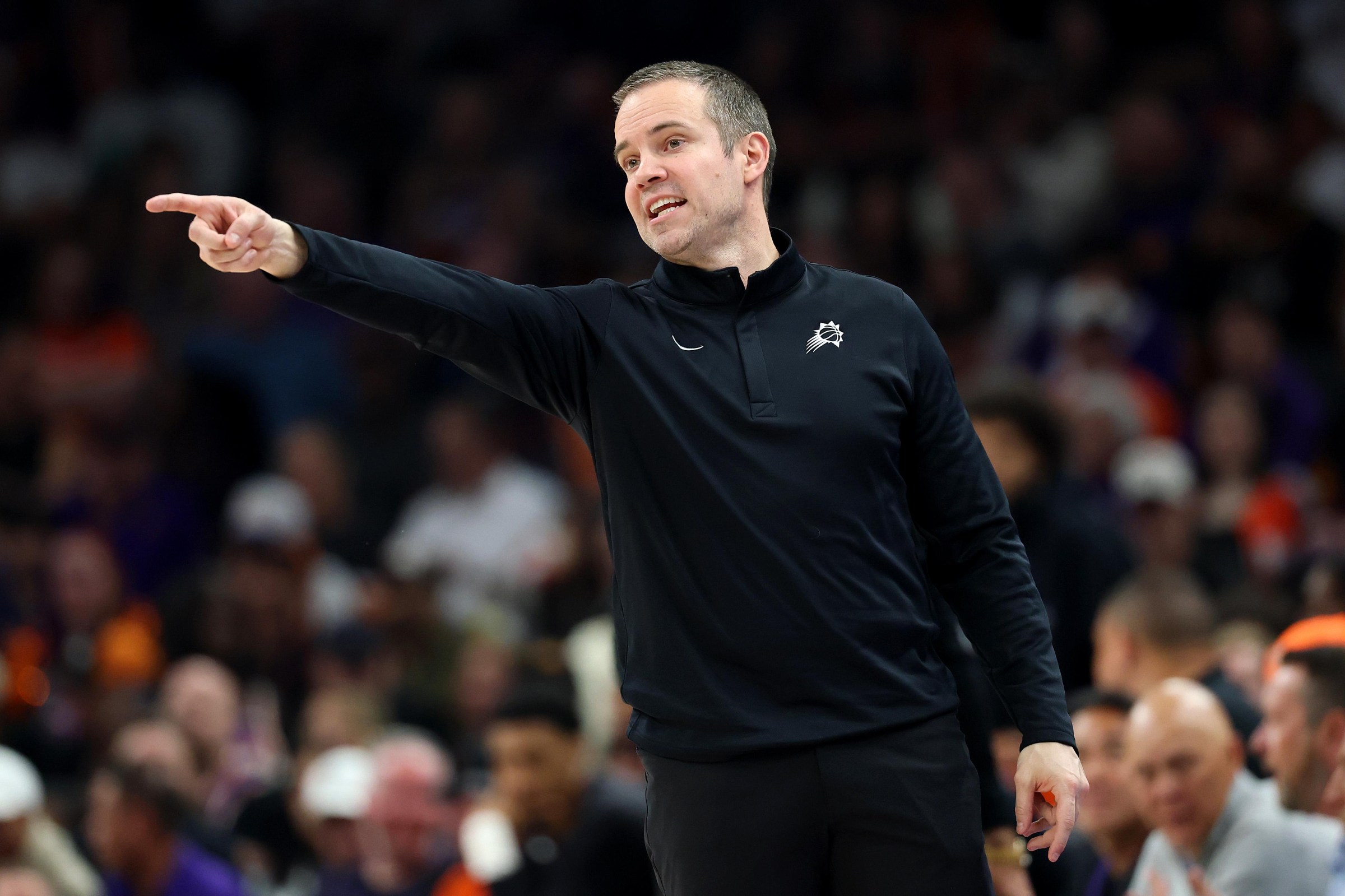 PHOENIX, ARIZONA - APRIL 27: Head coach Jordan Ott of the Phoenix Suns gestures during the first quarter against the Oklahoma City Thunder in Game Four of the First Round of the NBA Western Conference Playoffs at Mortgage Matchup Center on April 27, 2026 in Phoenix, Arizona. NOTE TO USER: User expressly acknowledges and agrees that, by downloading and or using this photograph, User is consenting to the terms and conditions of the Getty Images License Agreement. (Photo by Christian Petersen/Getty Images)
