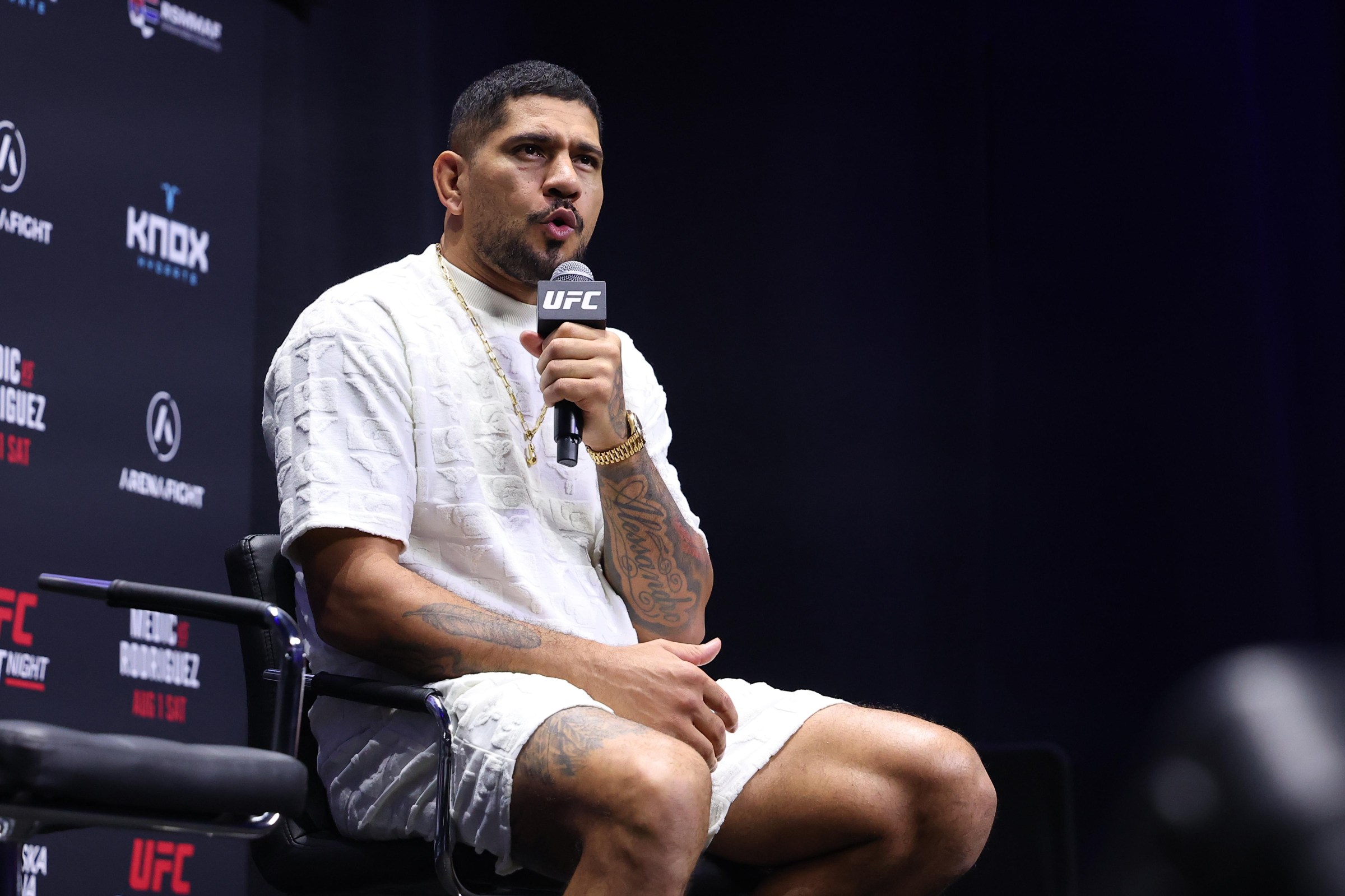 BELGRADE, SERBIA - JULY 31: Alex Pereira interacts with fans during a Q&A session prior to the UFC Fight Night ceremonial weigh-in at Belgrade Arena on July 31, 2026 in Belgrade, Serbia. (Photo by Ed Mulholland/Zuffa LLC)