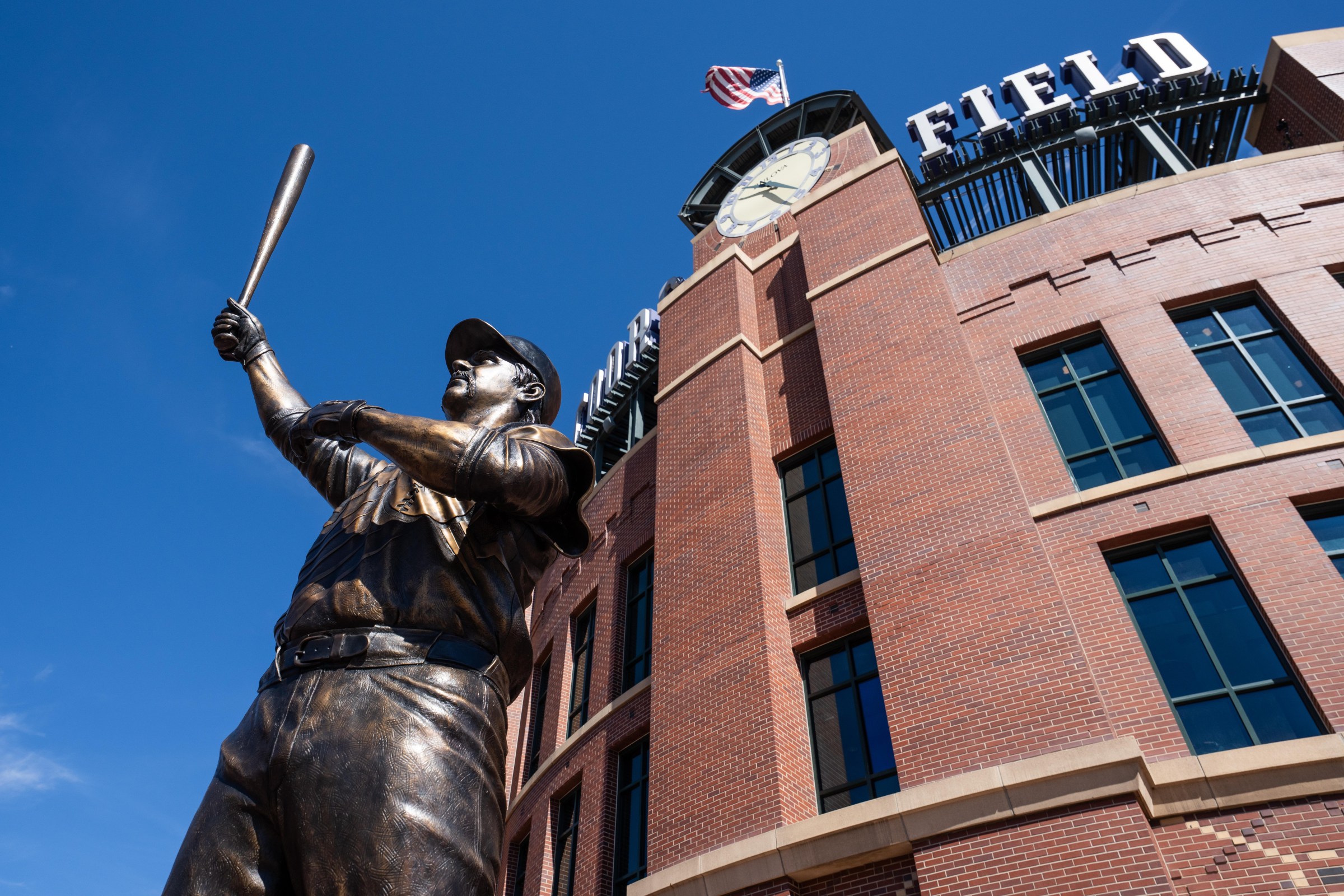 DENVER, COLORADO - AUGUST 23: A general view of the Larry Walker statue out side of Coors Field prior to a game between the Colorado Rockies and the Cleveland Guardians at Coors Field on August 23, 2026 in Denver, Colorado. (Photo by Kyle Cooper/Colorado Rockies/Getty Images)
