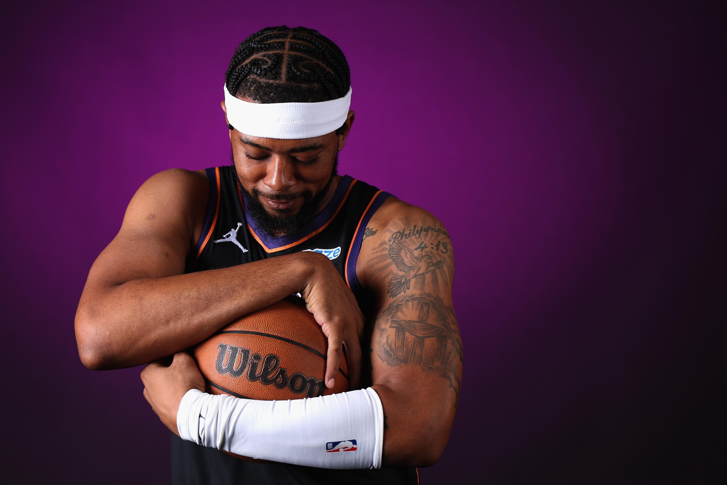 PHOENIX, ARIZONA - SEPTEMBER 28: Jordan Goodwin #23 of the Phoenix Suns poses for a portrait during NBA media day on September 28, 2026 in Phoenix, Arizona. (Photo by Christian Petersen/Getty Images)