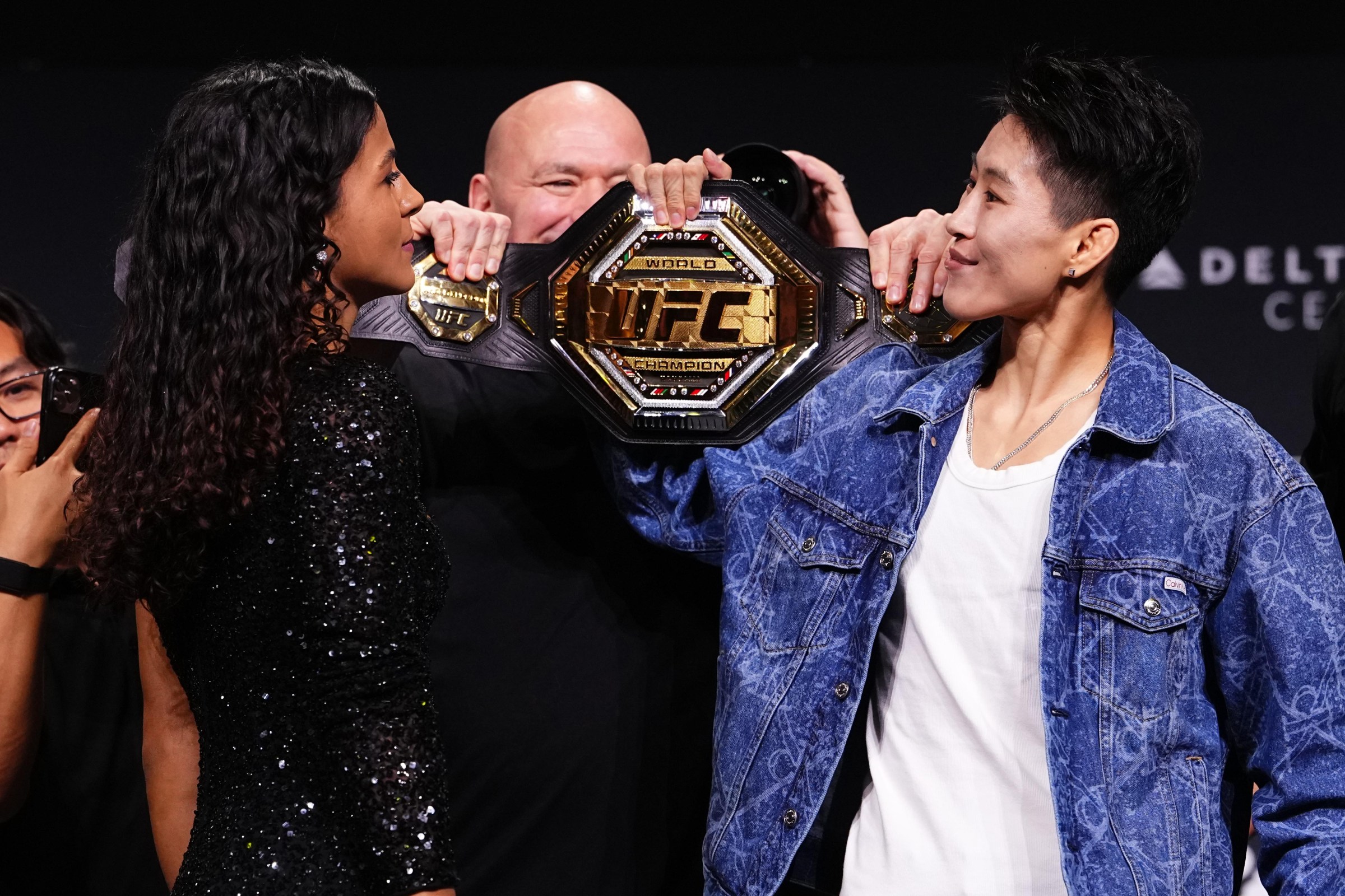 SALT LAKE CITY, UTAH - OCTOBER 01: (L-R) Opponents Natalia Silva of Brazil and Wang Cong of China face off during the UFC 332 press conference at Salt Palace Convention Center on October 01, 2026 in Salt Lake City, Utah. (Photo by Jeff Bottari/Zuffa LLC)