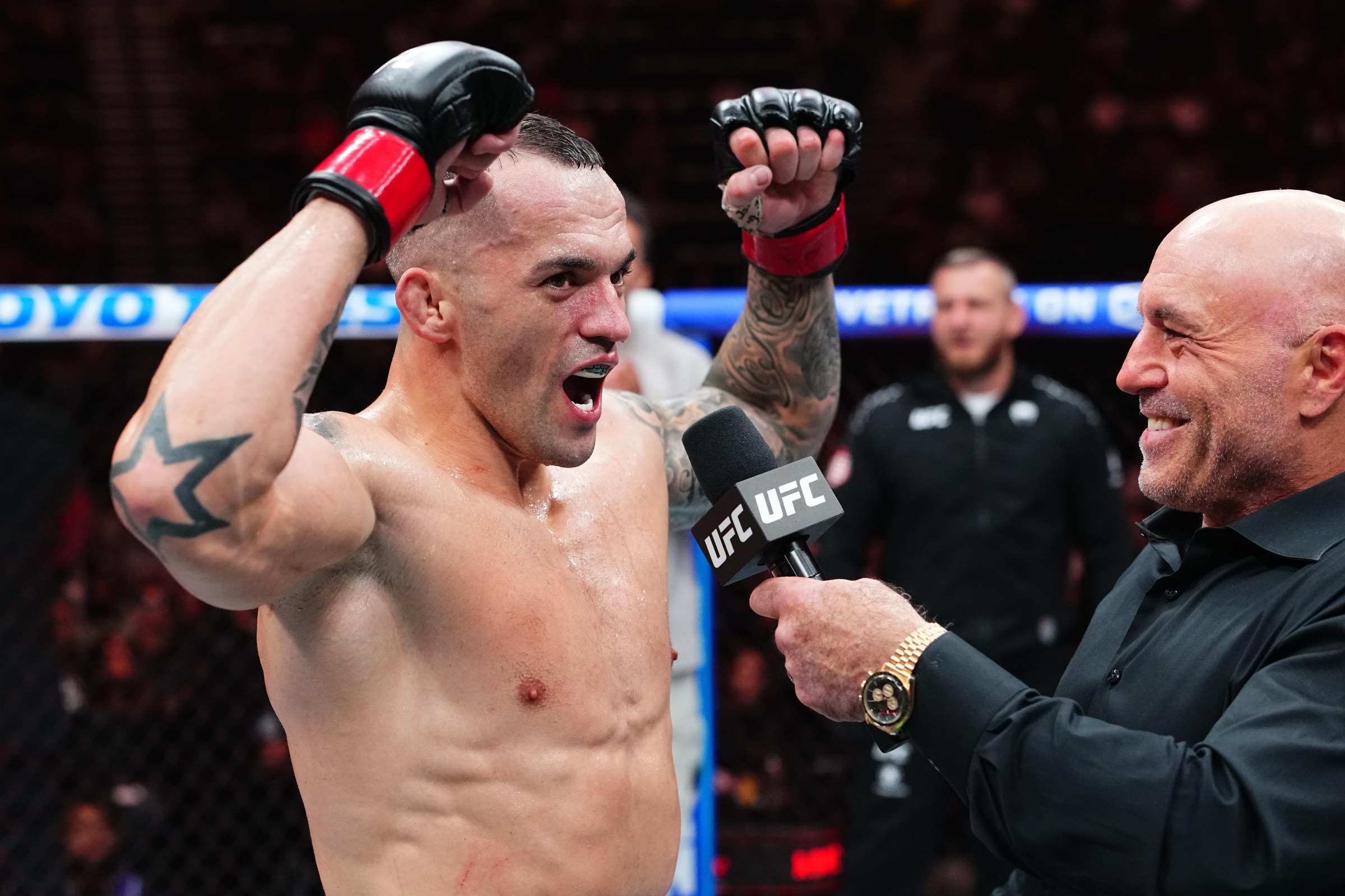 SALT LAKE CITY, UTAH - OCTOBER 03: Roberto Soldić of Bosnia and Herzegovina reacts after a victory against Khaos Williams in a welterweight fight during the UFC 332 event at Delta Center on October 03, 2026 in Salt Lake City, Utah. (Photo by Jeff Bottari/Zuffa LLC)