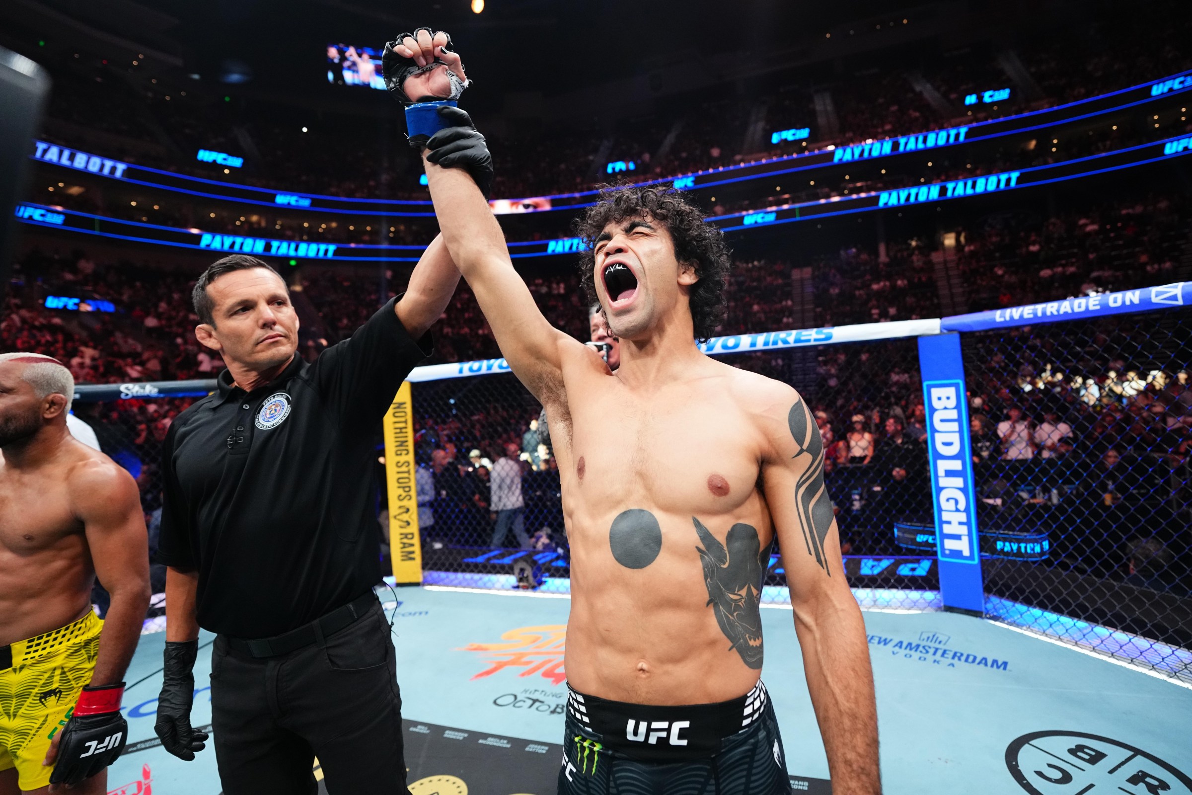 SALT LAKE CITY, UTAH - OCTOBER 03: Payton Talbott reacts after a TKO victory against Deiveson Figueiredo of Brazil in a bantamweight fight during the UFC 332 event at Delta Center on October 03, 2026 in Salt Lake City, Utah. (Photo by Jeff Bottari/Zuffa LLC)