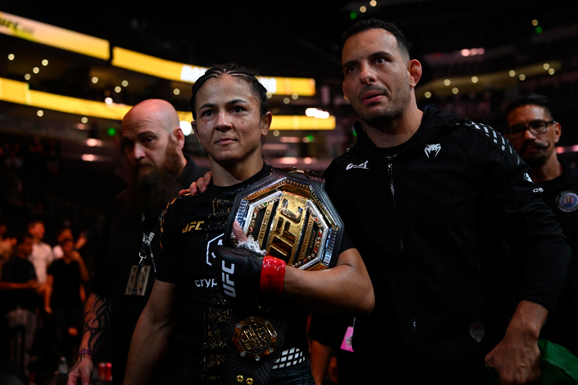 SALT LAKE CITY, UTAH - OCTOBER 03: Natalia Silva of Brazil walks with the flyweight title belt after defeating Wang Cong of China in their flyweight bout during UFC 332: Silva v Wang at Delta Center on October 03, 2026 in Salt Lake City, Utah. (Photo by Alex Goodlett/Getty Images)