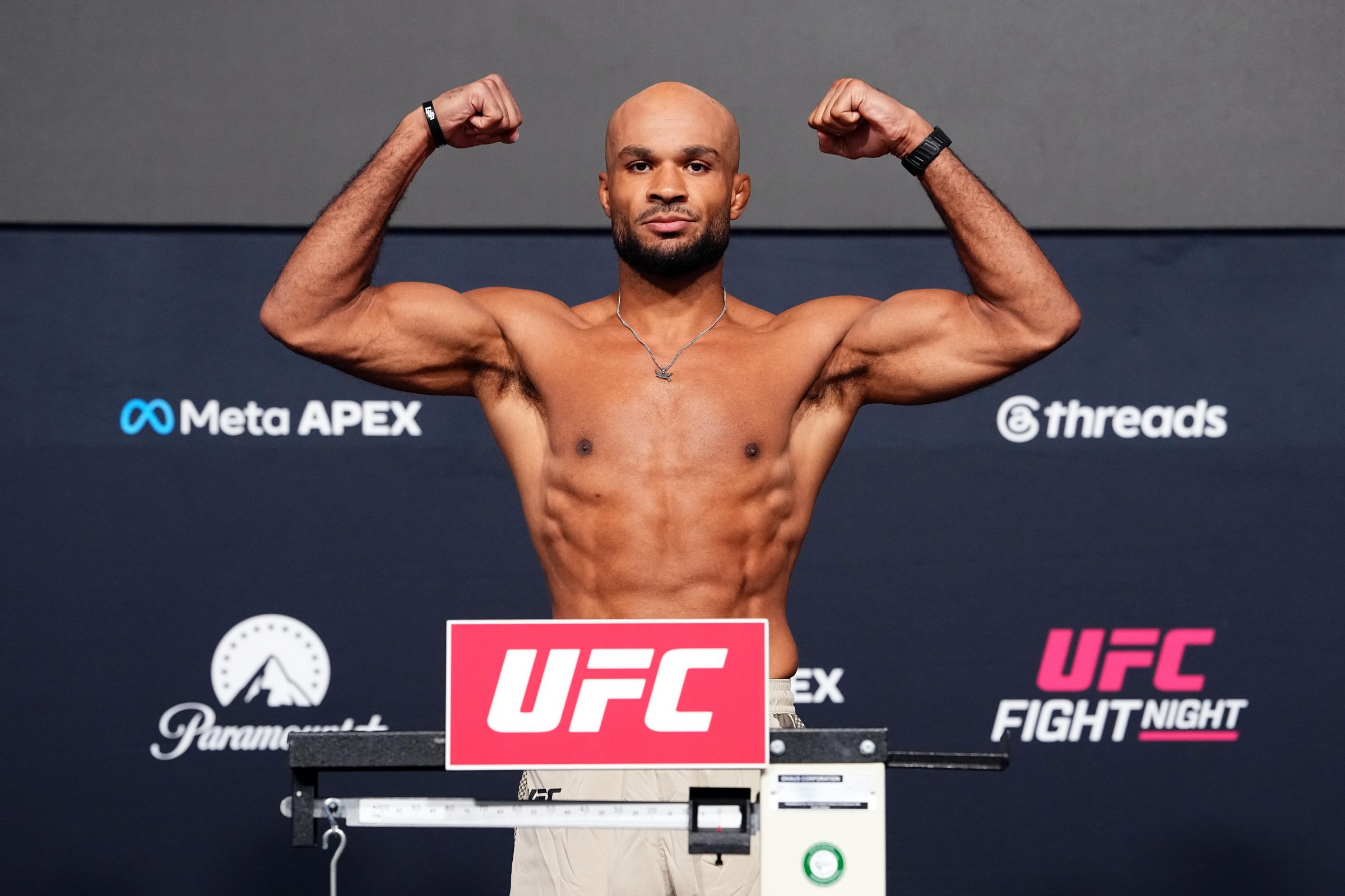 LAS VEGAS, NEVADA - OCTOBER 09: Christian Leroy Duncan of England poses on the scale during the UFC Fight Night weigh-in event at Meta APEX on October 09, 2026 in Las Vegas, Nevada. (Photo by Jeff Bottari/Zuffa LLC)