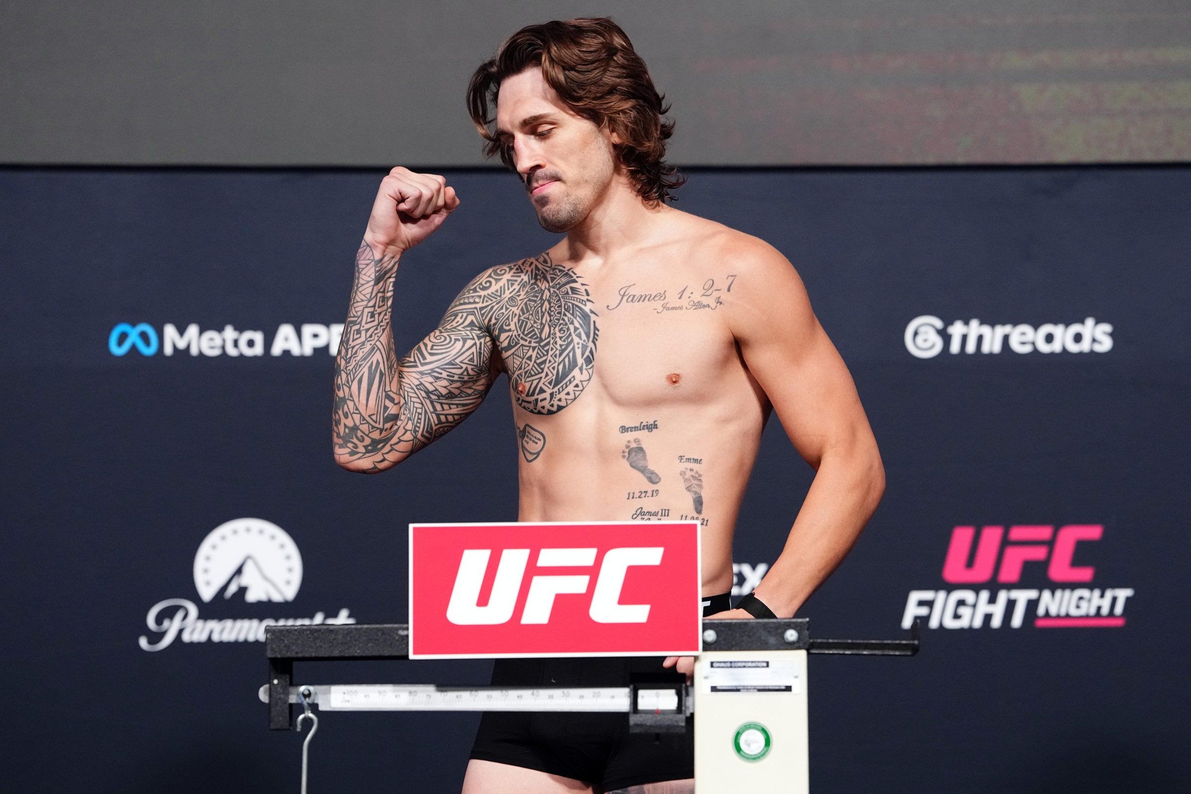 LAS VEGAS, NEVADA - OCTOBER 09: Brendan Allen poses on the scale during the UFC Fight Night weigh-in event at Meta APEX on October 09, 2026 in Las Vegas, Nevada. (Photo by Jeff Bottari/Zuffa LLC)