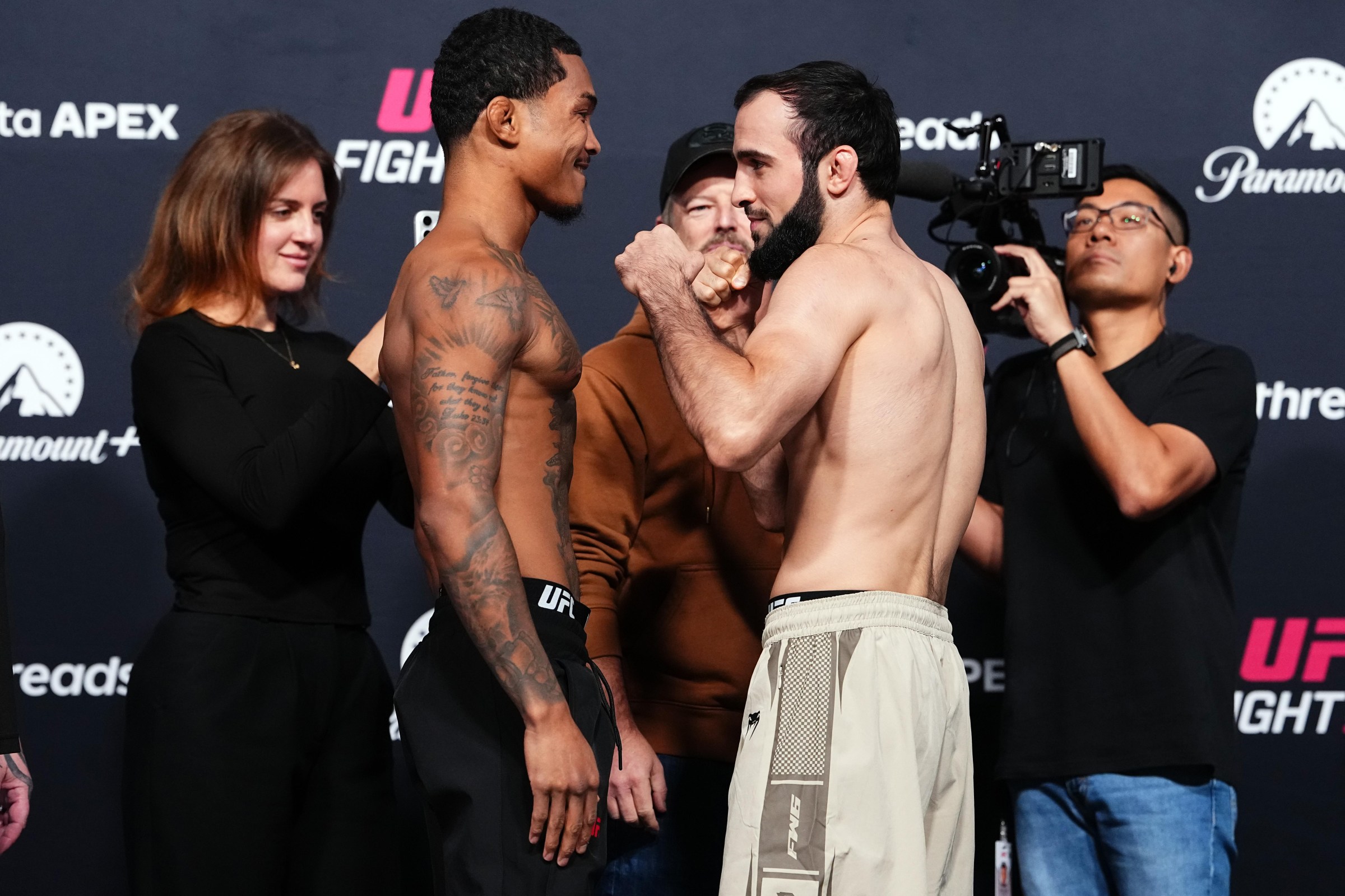 LAS VEGAS, NEVADA - OCTOBER 09: (L-R) Malcolm Wellmaker and Otari Tanzilovi of Georgia face off during the UFC Fight Night weigh-in event at Meta APEX on October 09, 2026 in Las Vegas, Nevada. (Photo by Jeff Bottari/Zuffa LLC)