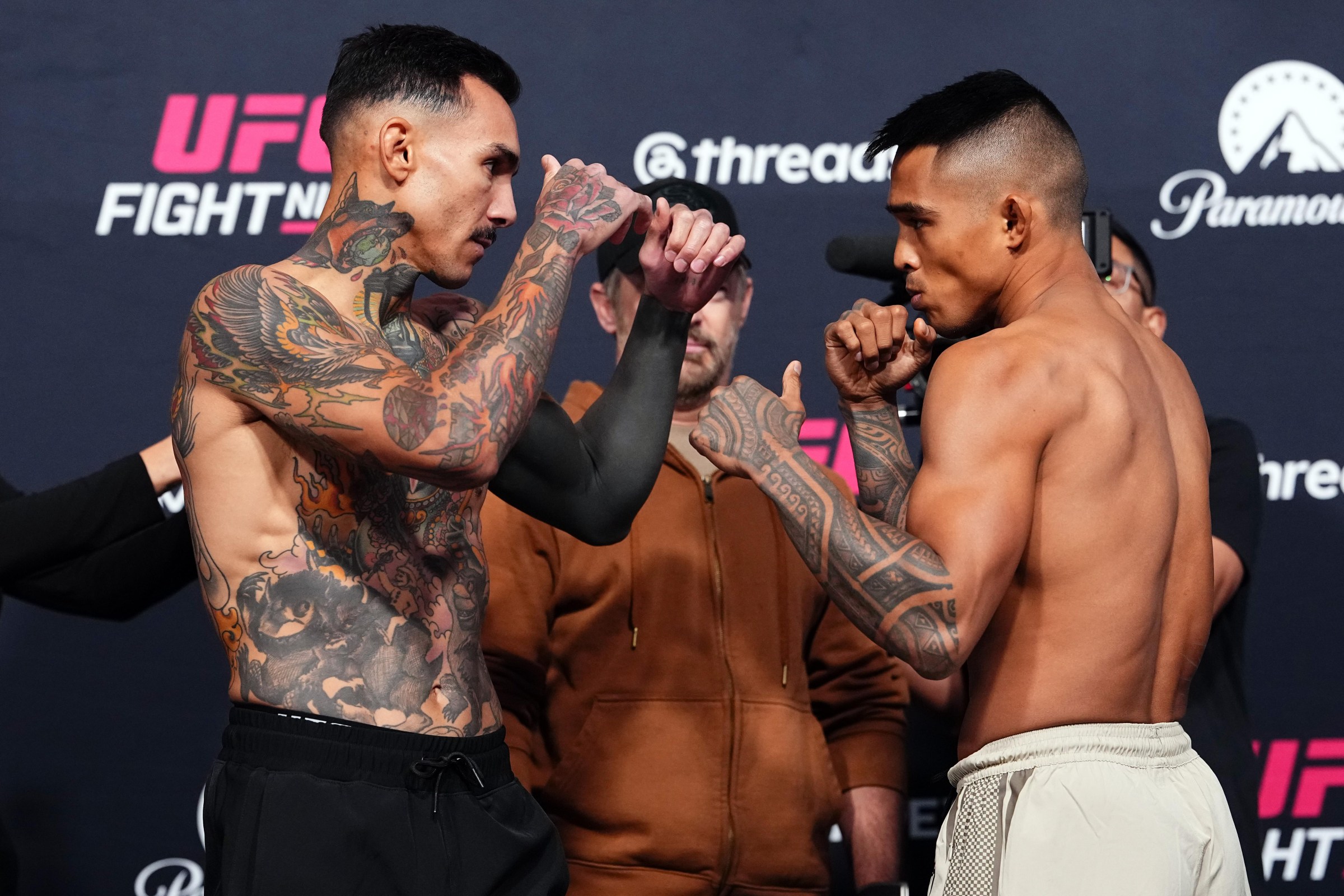 LAS VEGAS, NEVADA - OCTOBER 09: (L-R) Andre Fili and Kai Kamaka III face off during the UFC Fight Night weigh-in event at Meta APEX on October 09, 2026 in Las Vegas, Nevada. (Photo by Jeff Bottari/Zuffa LLC)