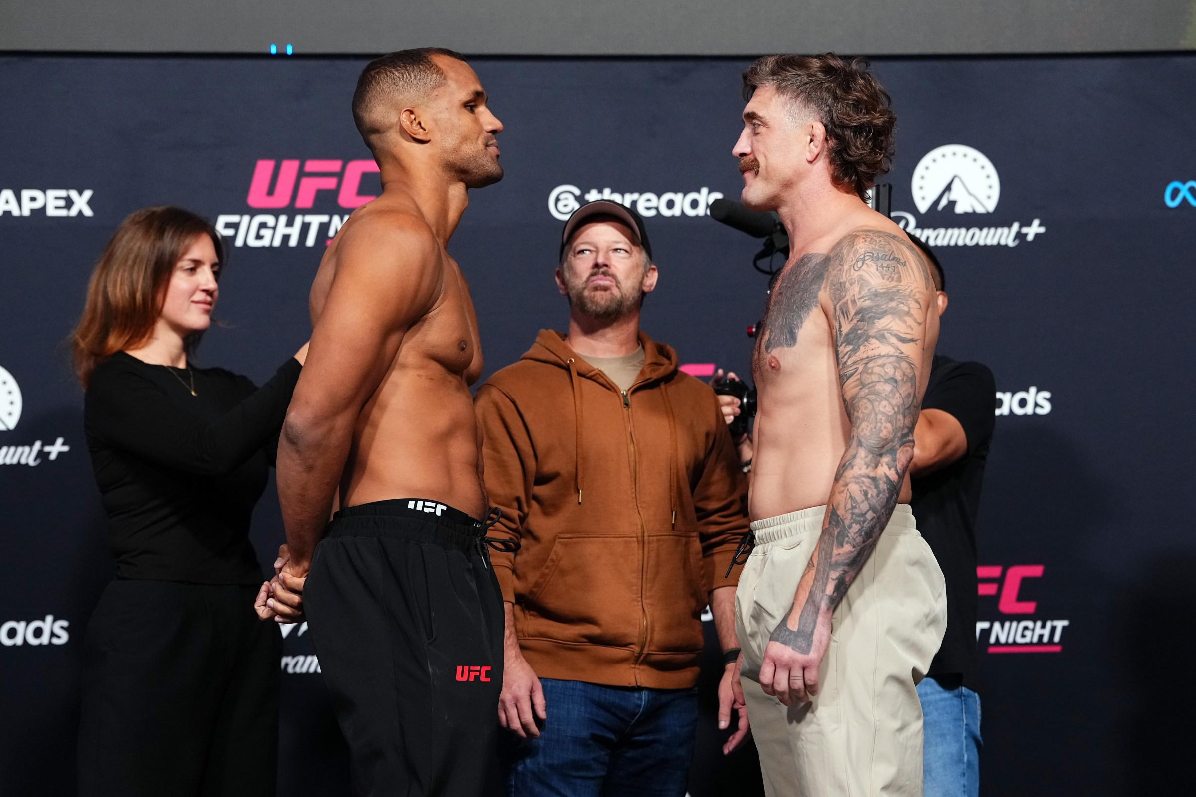 LAS VEGAS, NEVADA - OCTOBER 09: (L-R) Julius Walker and Gerald Meerschaert face off during the UFC Fight Night weigh-in event at Meta APEX on October 09, 2026 in Las Vegas, Nevada. (Photo by Jeff Bottari/Zuffa LLC)