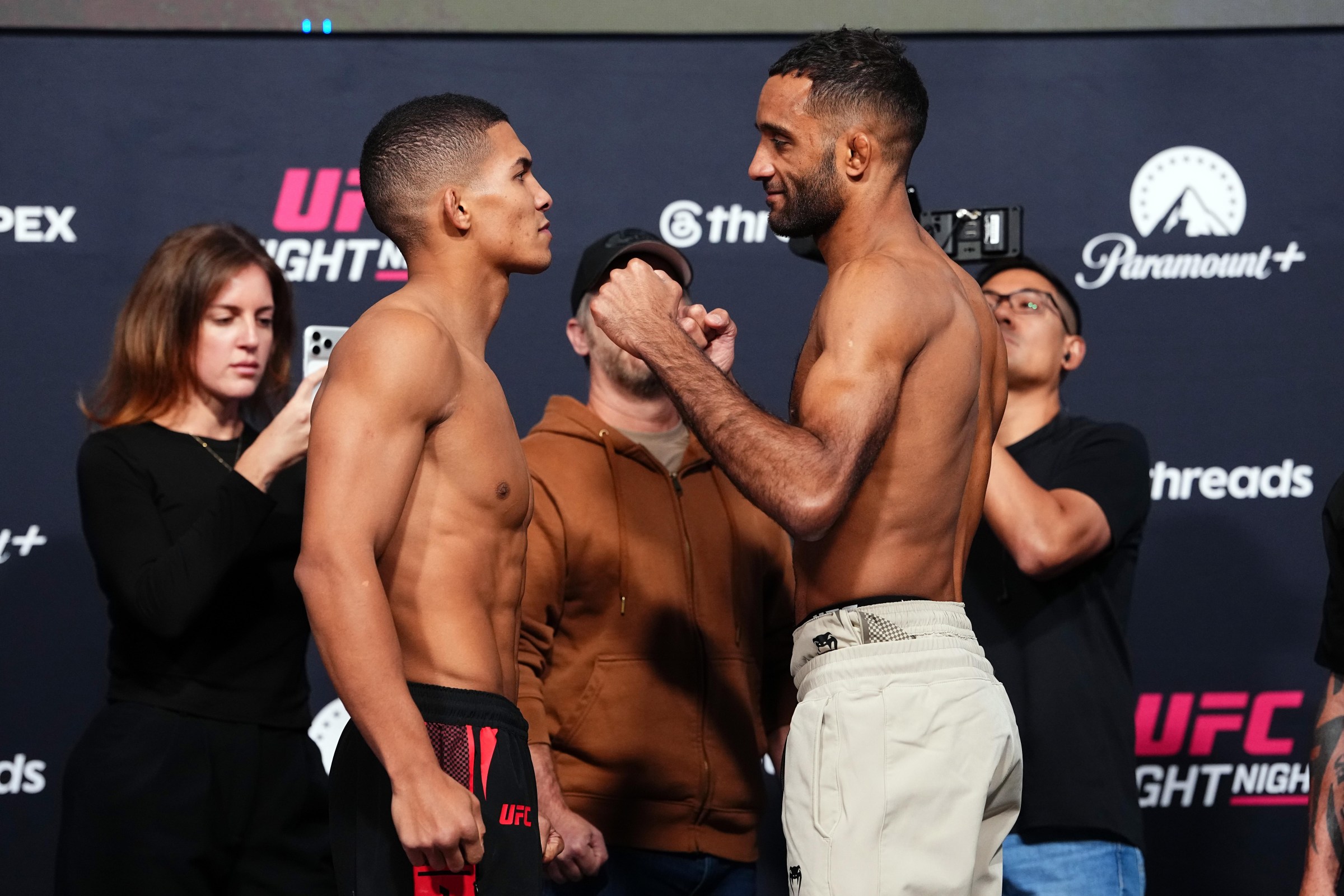 LAS VEGAS, NEVADA - OCTOBER 09: (L-R) Matheus Camilo of Brazil and Jai Herbert of England face off during the UFC Fight Night weigh-in event at Meta APEX on October 09, 2026 in Las Vegas, Nevada. (Photo by Jeff Bottari/Zuffa LLC)