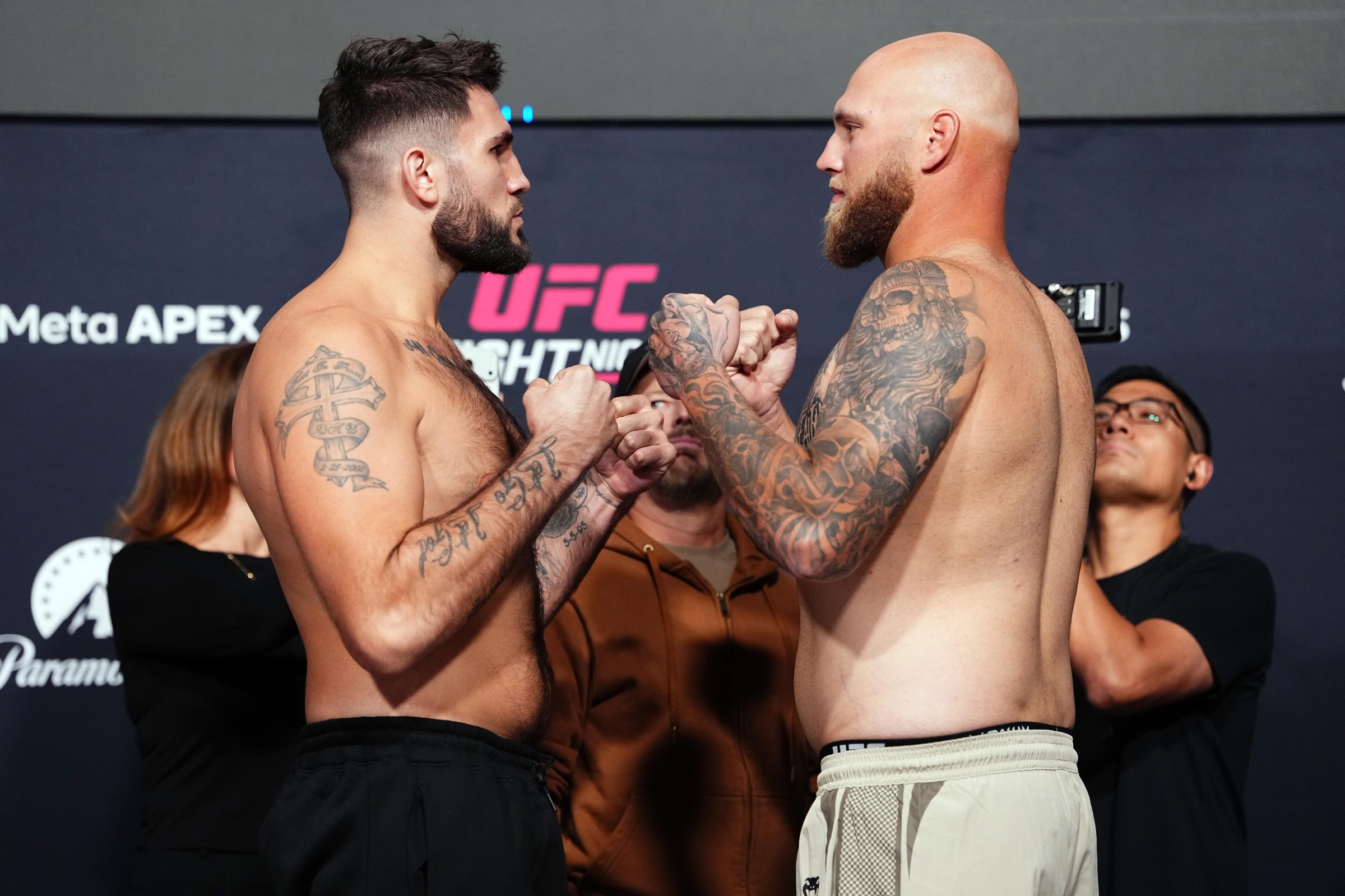 LAS VEGAS, NEVADA - OCTOBER 09: (L-R) Allen Frye Jr. and RJ Harris face off during the UFC Fight Night weigh-in event at Meta APEX on October 09, 2026 in Las Vegas, Nevada. (Photo by Jeff Bottari/Zuffa LLC)