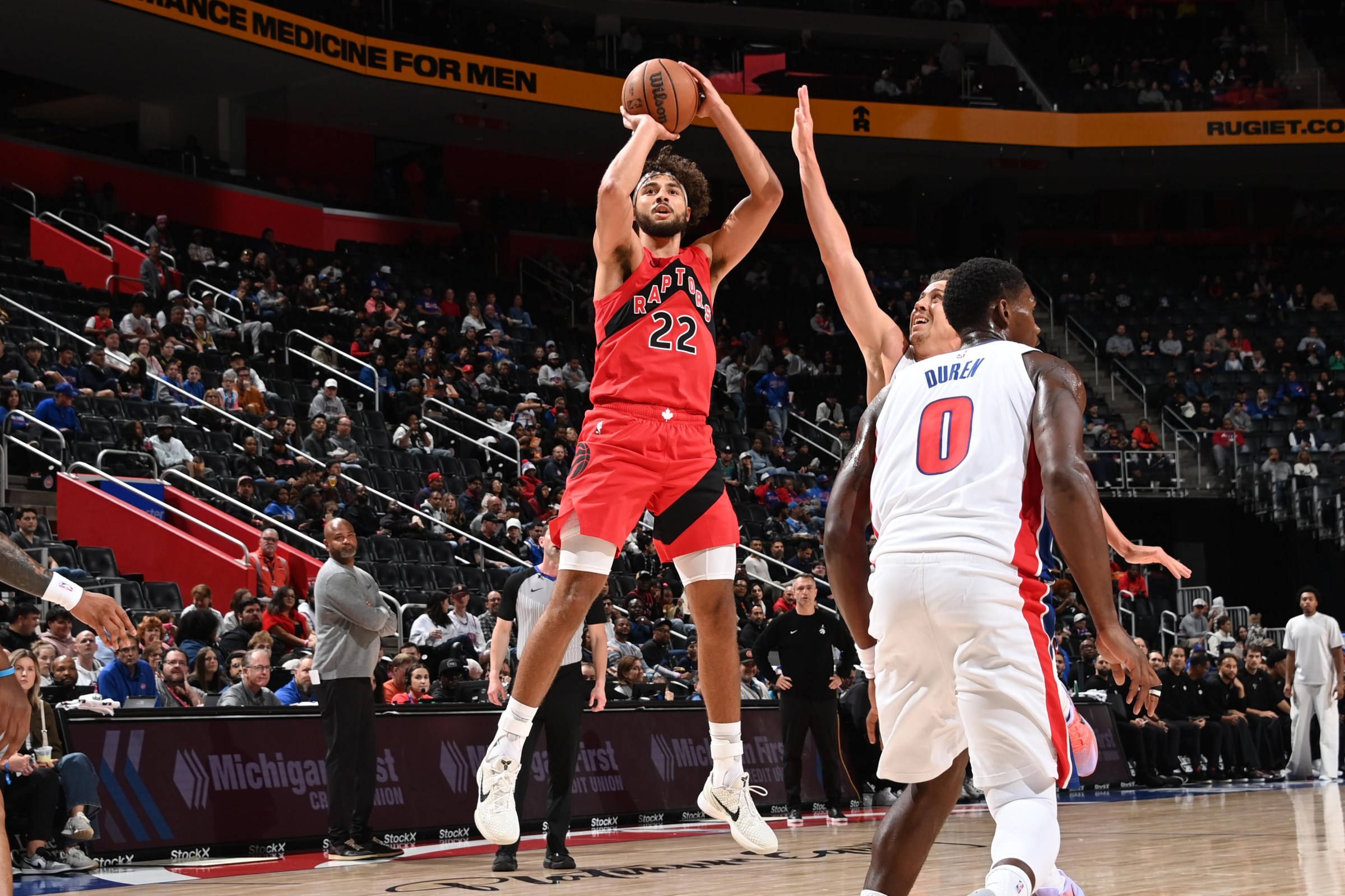DETROIT, MI - OCTOBER 16: Allen Graves #22 of the Toronto Raptors shoots the ball during the game against the Detroit Pistons during a preseason game on October 16, 2026 at Little Caesars Arena in Detroit, Michigan. NOTE TO USER: User expressly acknowledges and agrees that, by downloading and/or using this photograph, User is consenting to the terms and conditions of the Getty Images License Agreement. Mandatory Copyright Notice: Copyright 2026 NBAE (Photo by Chris Schwegler/NBAE via Getty Images)
