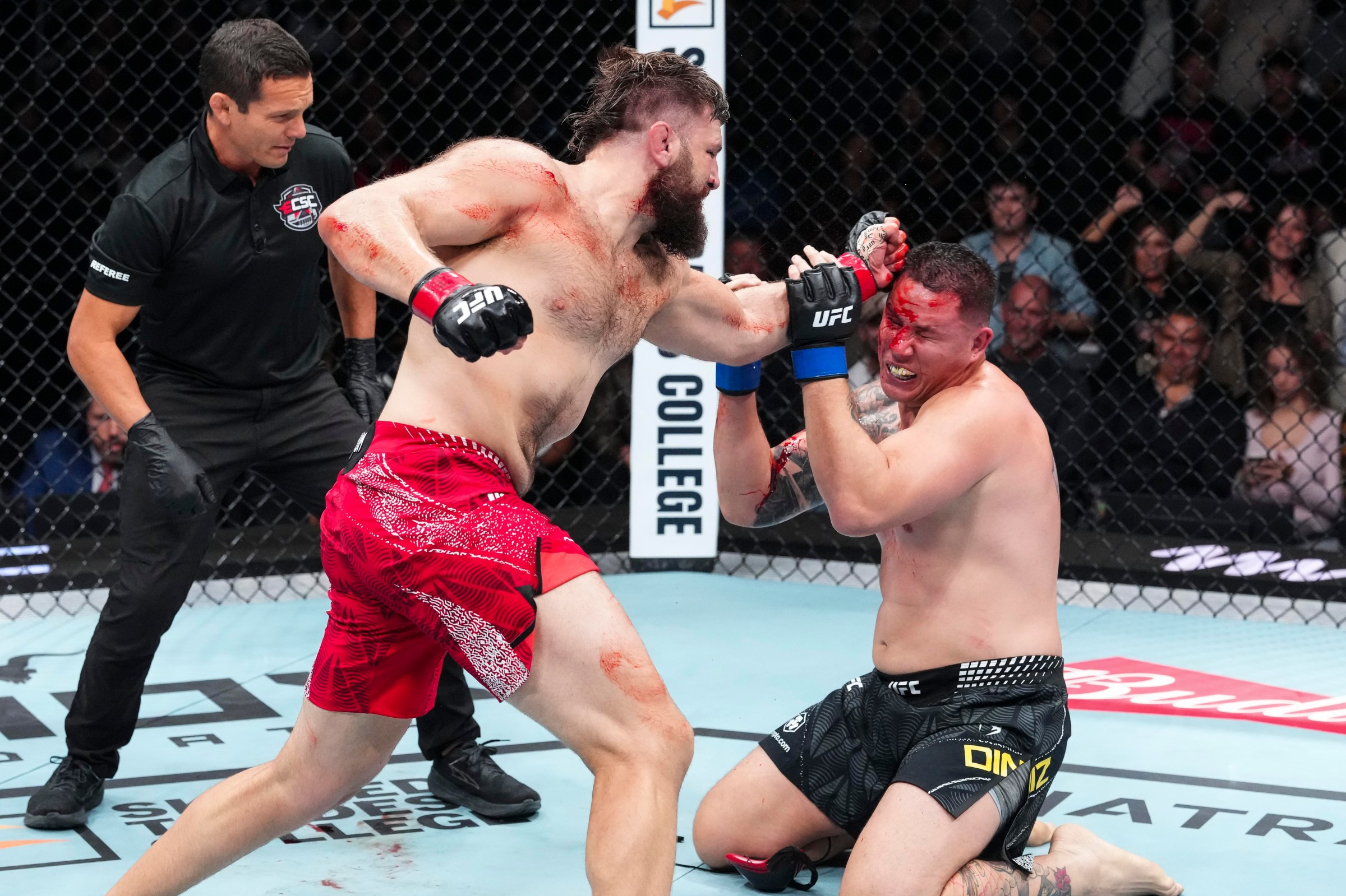 EDMONTON, ALBERTA - OCTOBER 17: Tanner Boser of Canada throws a punch against Jhonata Diniz of Brazil in their heavyweight fight during UFC Fight Night event at Rogers Centre on October 17, 2026 in Edmonton, Alberta, Canada. (Photo by Ed Mulholland/Zuffa LLC)