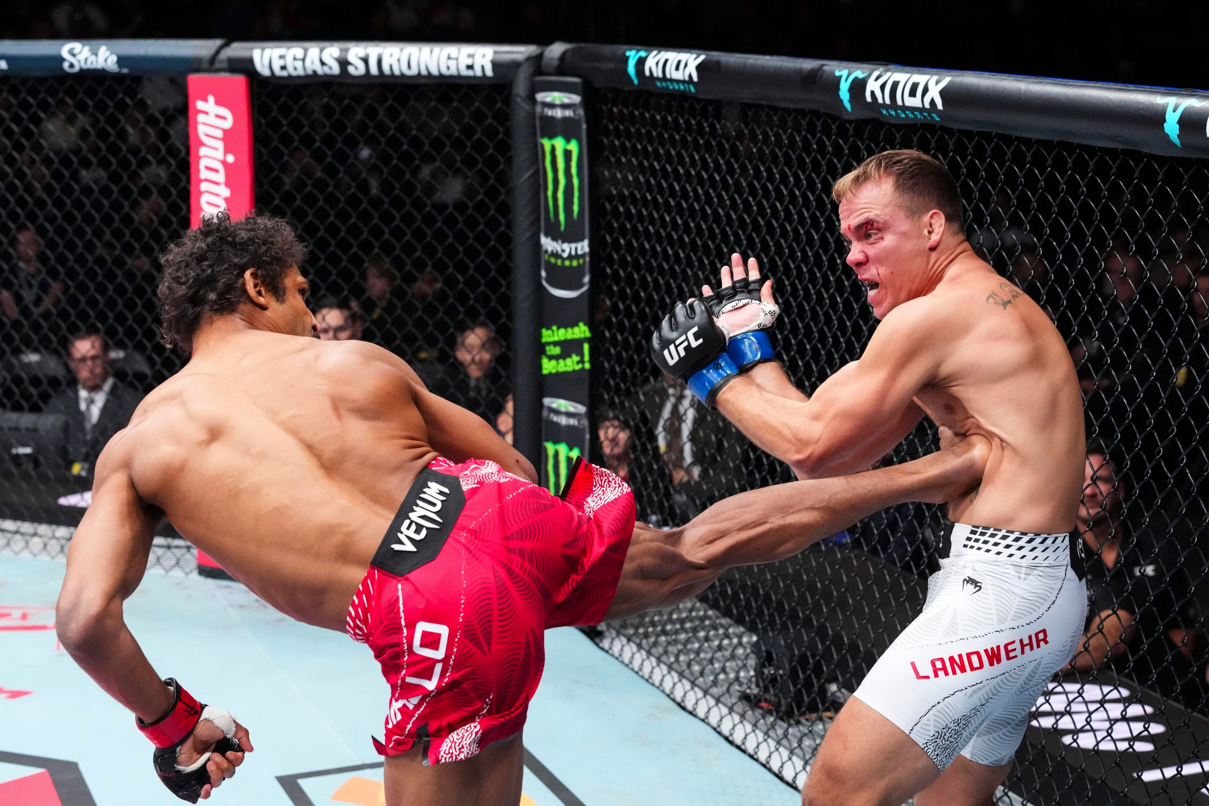 EDMONTON, ALBERTA - OCTOBER 17: Mandel Nallo of Canada throws a kick against Nate Landwehr in their lightweight fight during UFC Fight Night event at Rogers Centre on October 17, 2026 in Edmonton, Alberta, Canada. (Photo by Ed Mulholland/Zuffa LLC)