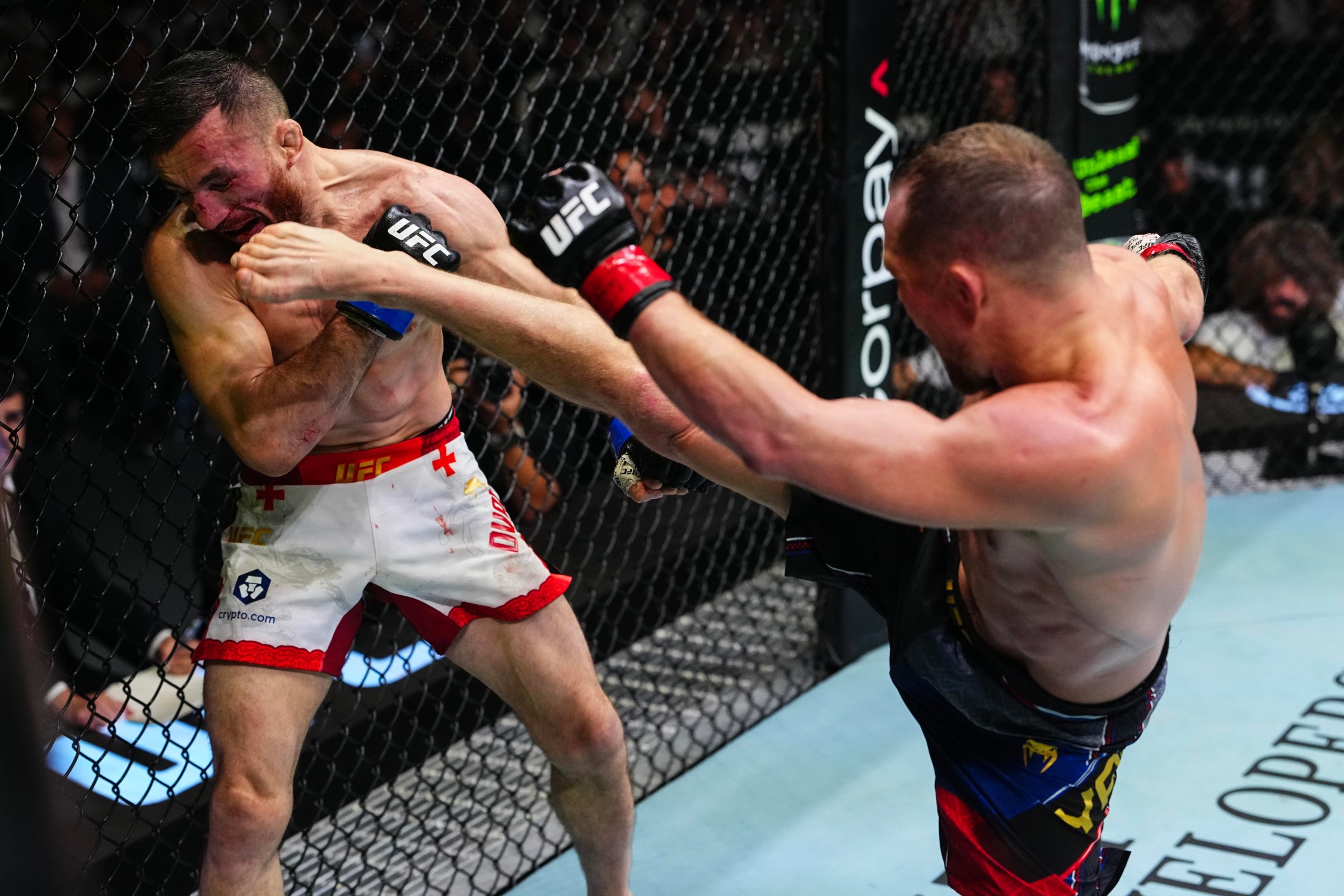 ABU DHABI, UNITED ARAB EMIRATES - OCTOBER 24: Petr Yan of Russia kicks Merab Dvalishvili of Georgia in the UFC bantamweight championship fight during the UFC 333 event at Etihad Arena on October 24, 2026 in Abu Dhabi, United Arab Emirates. (Photo by Jeff Bottari/Zuffa LLC)