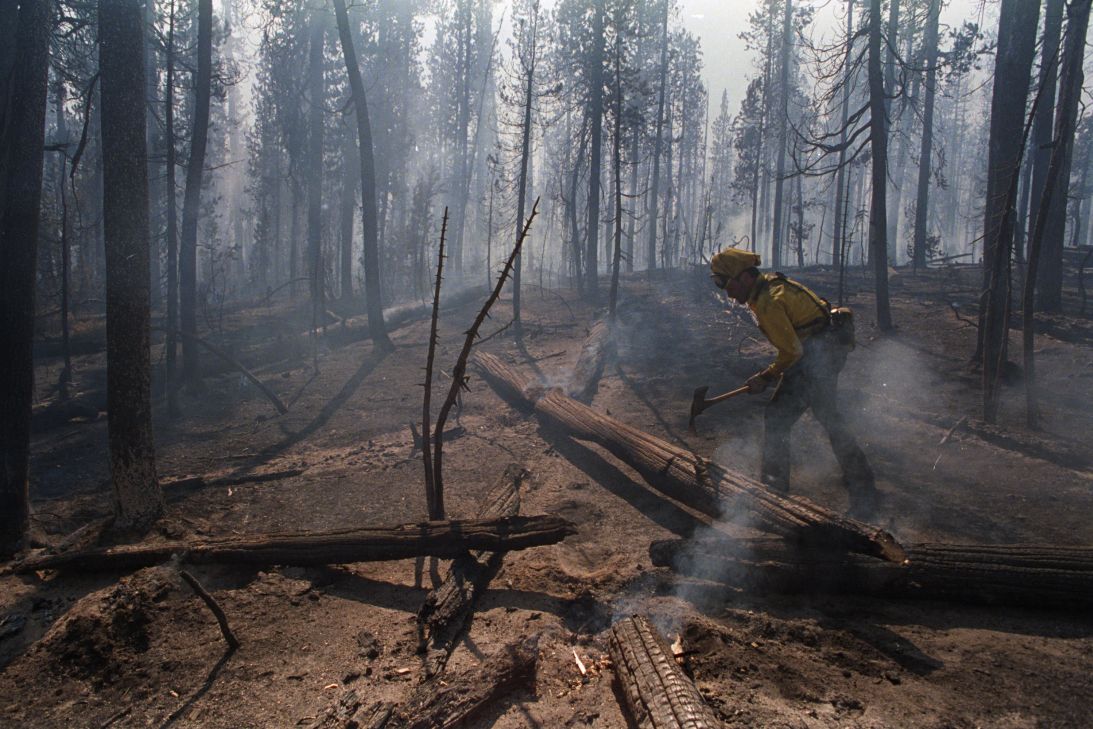 Kim Desiato, a firefighter from Tucson, Arizona, stops to look for hot spots in the aftermath of the Lewis Lake Fire in Yellowstone National Park on August 30, 1988. The fire forced the closure of the south entrance to the park.