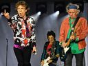 (L/R): British musicians Mick Jagger, Ronnie Wood and Keith Richards of The Rolling Stones perform during a concert at The Velodrome Stadium in Marseille on June 26, 2018, as part of their 'No Filter' tour. (Photo by Boris HORVAT / AFP)        (Photo credit should read BORIS HORVAT/AFP/Getty Images)