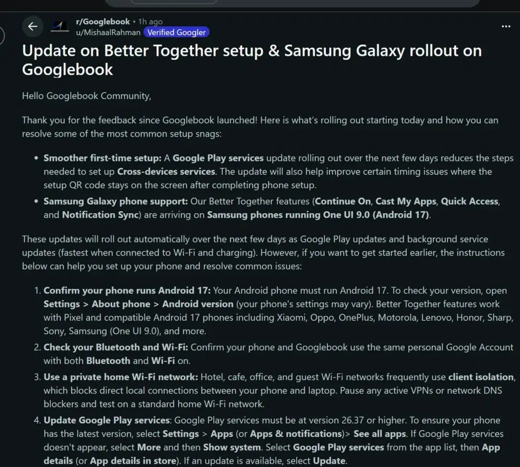 Mishaal Rahman, a verified Googler, announcing Better Together support for Samsung Galaxy phones in the Googlebook subreddit
