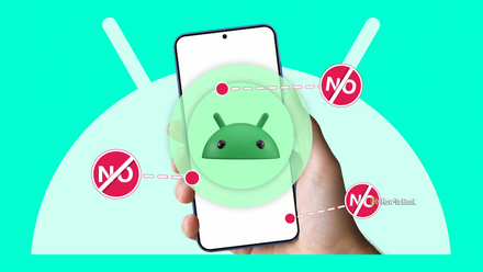 Hand holding a smartphone with a 3D Android logo, surrounded by red 'NO' prohibition signs.