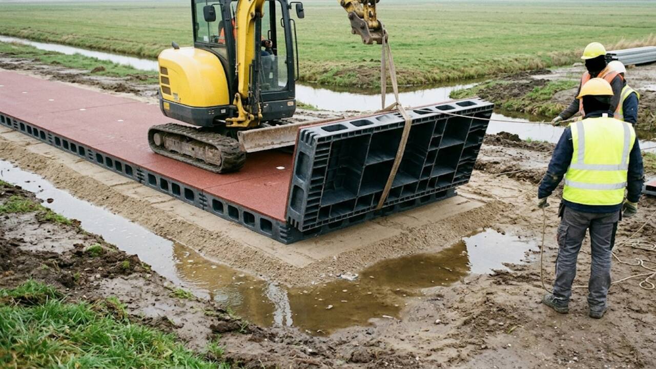AI-generated representative image showing hollow recycled-plastic modules being installed beneath a Dutch cycling path. Credits - Gemini hollow recycled-plastic modules<br>