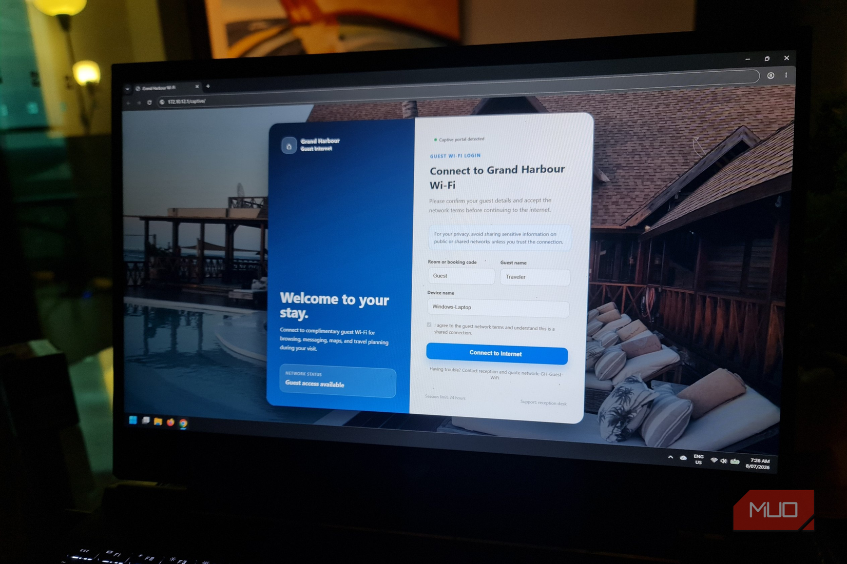 Hotel Wi-Fi captive portal login page for guest internet access