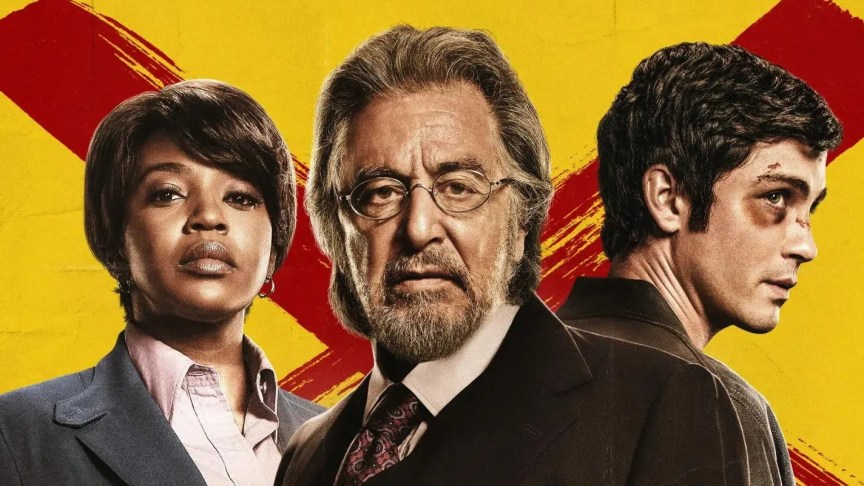 Jerrika Hinton, Al Pacino and Logan Lerman in the yellow key art for Hunters on Prime Video.