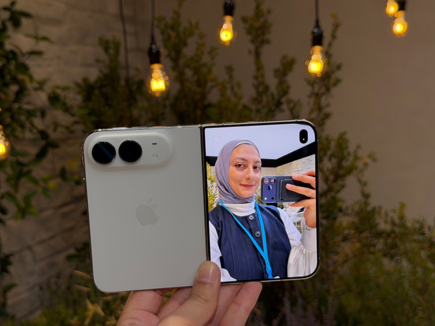 A foldable phone that's unfolded, but facing backwards so the outer screen shows a preview of what the rear cameras are shooting -- perfect for selfies with the better rear cameras.
