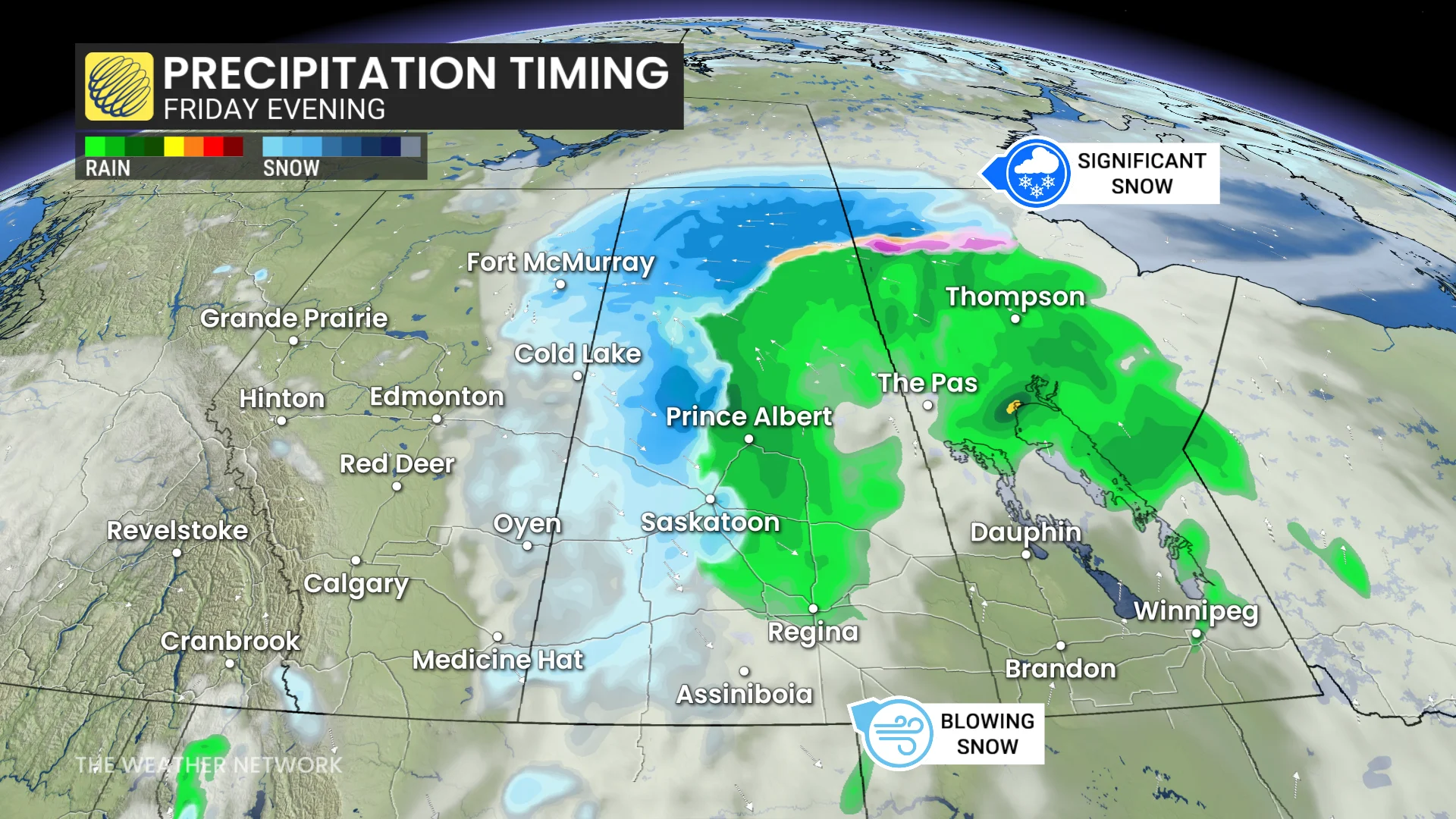 Prairies Friday evening precipitation timing