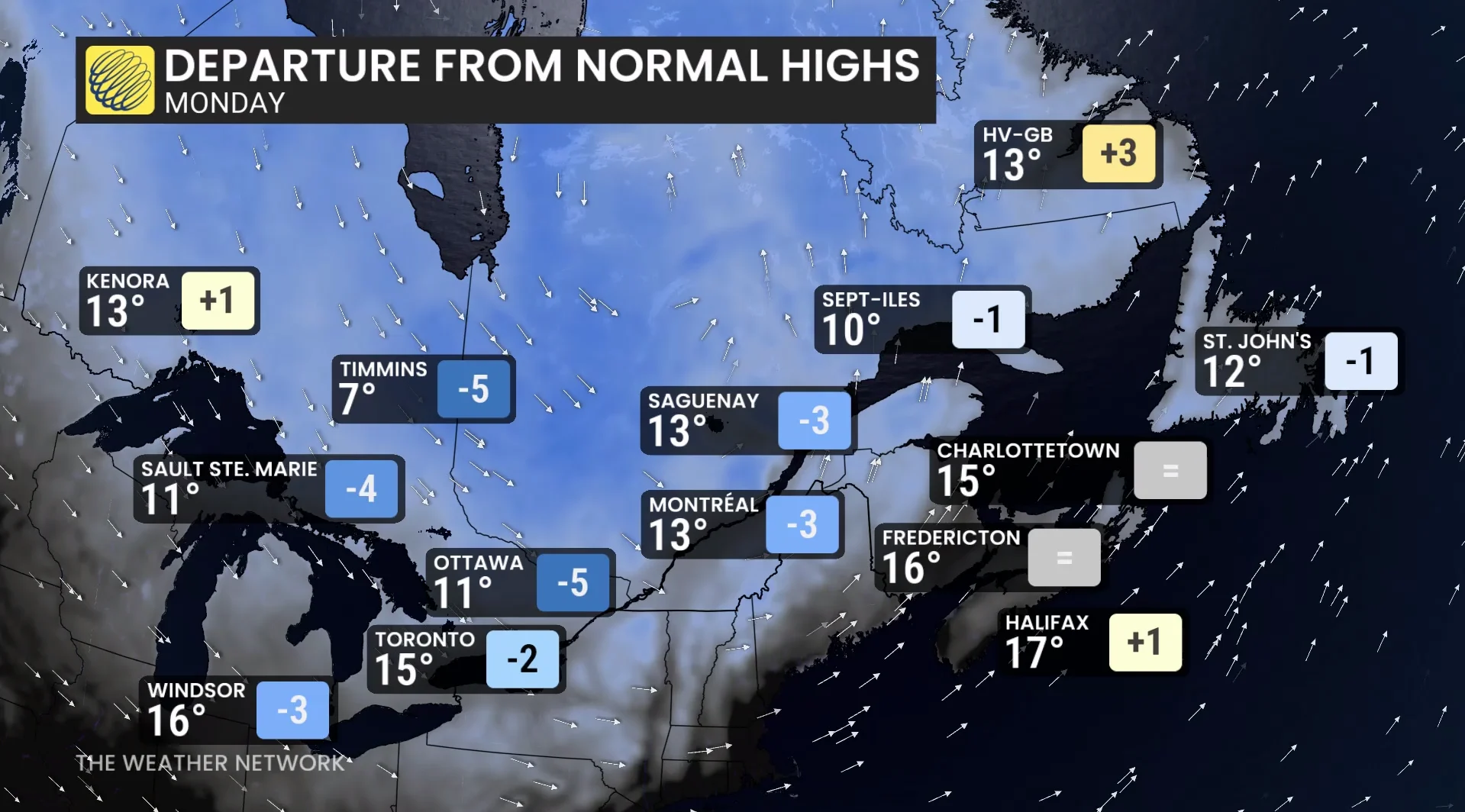 Eastern Canada temperatures and departures from normal Monday