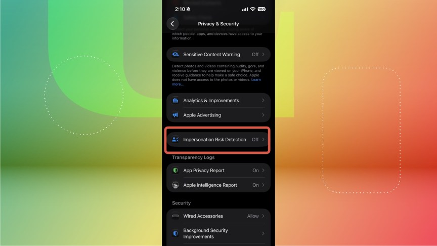 The Privacy and Security menu with Impersonation Risk Detection highlighted.