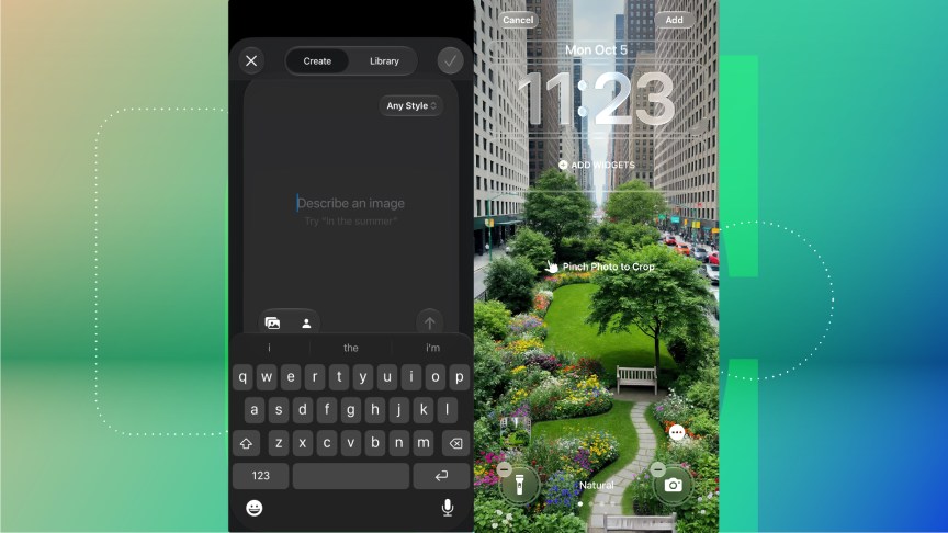 Two screeshots show how to use Image Playground to create a whole new lock screen wallpaper with an image of a city park.