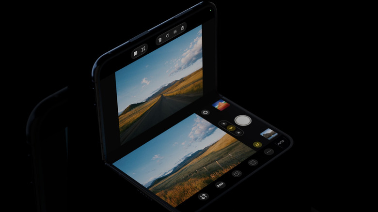 Photo of an iPhone Duo partially open and displaying the Halide photography app.
