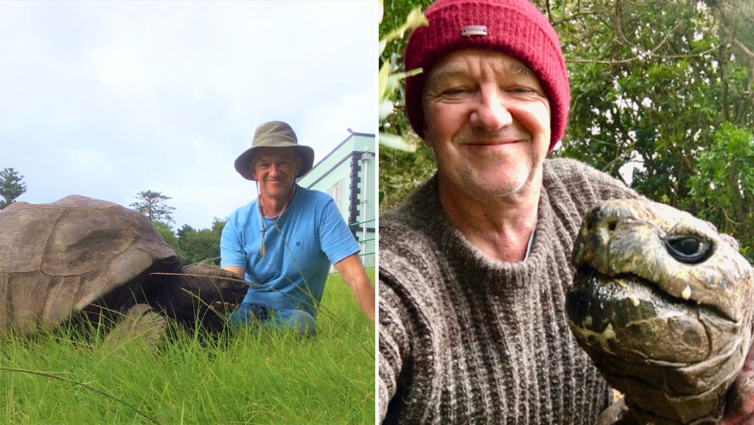 two images of Joe Hollins with Jonathan the tortoise