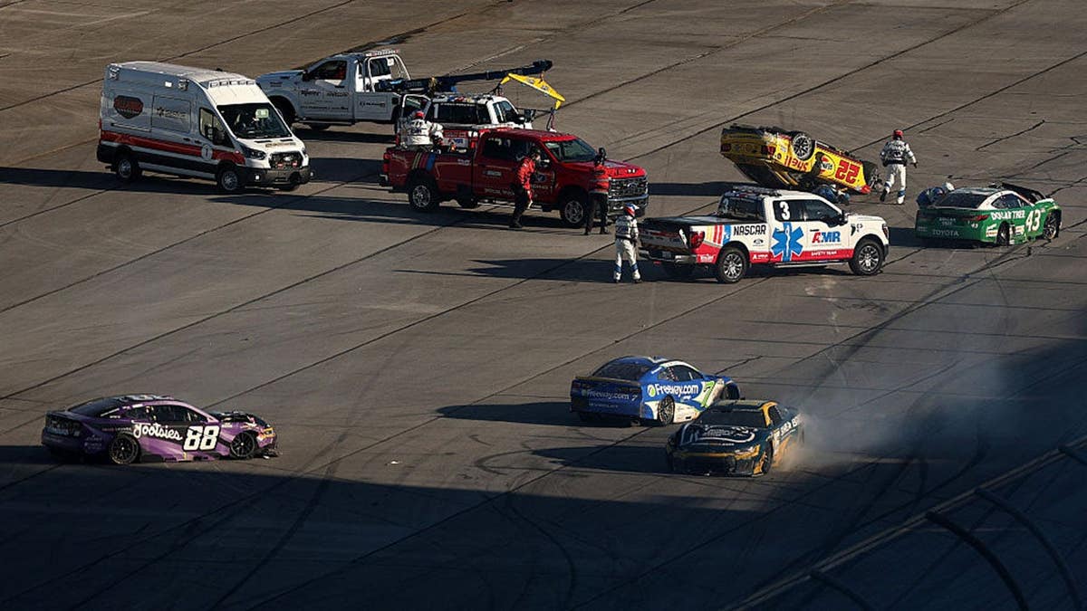 Joey Logano, driver of the No. 22 Shell Pennzoil Ford, is involved in an on-track incident at Talladega Superspeedway.