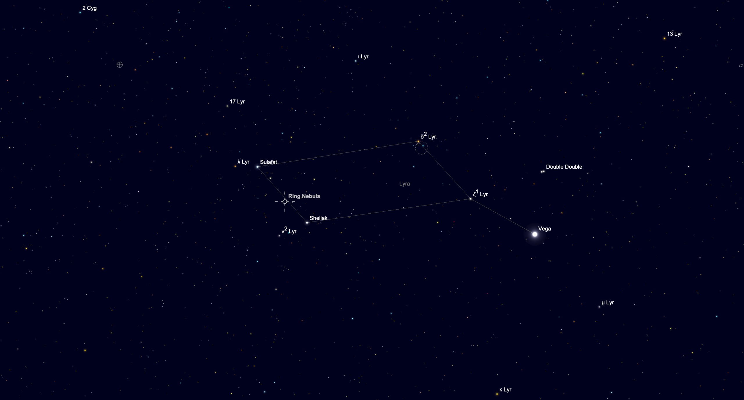 Star chart showing the location of the Ring Nebula between Sheliak and Sulafat in the constellation Lyra, with bright Vega nearby.