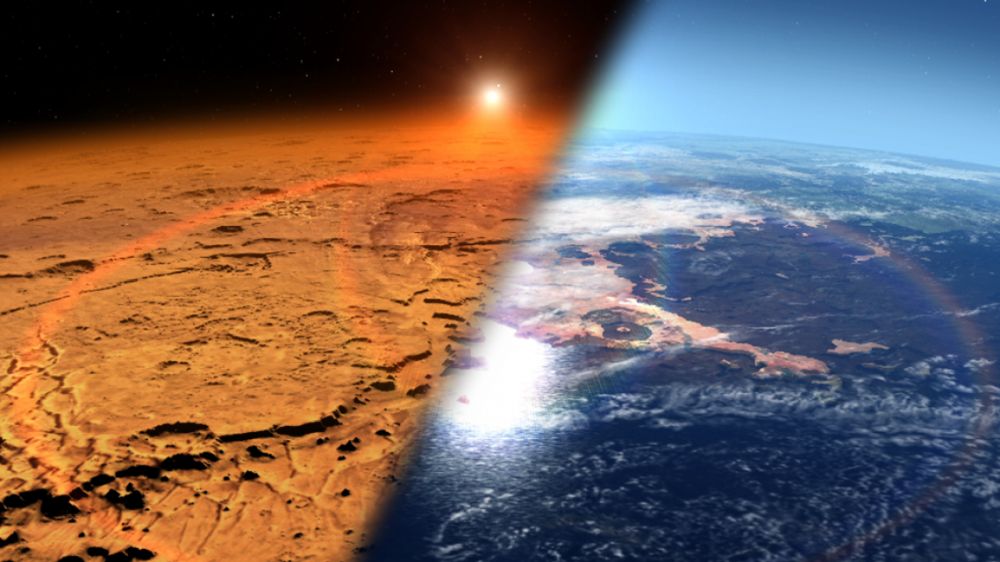 This artist's concept depicts the early Martian environment (right) – believed to contain liquid water and a thicker atmosphere – versus the cold, dry environment seen on Mars today (left). Credit: NASA's Goddard Space Flight Center.