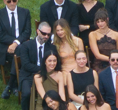 Attendees, including Adam Levine and Behati Prinsloo, seated at the wedding of Matthew Lowe and Emily Markus in Santa Barbara.