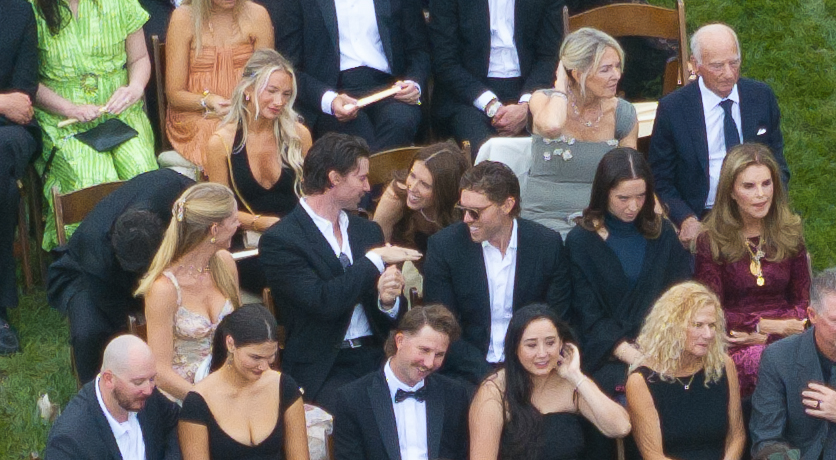 Photo of wedding attendees, including Rob Lowe, Gwyneth Paltrow, Cameron Diaz, Katy Perry, Chris Pratt, Katherine Schwarzenegger, Maria Shriver, Zoe Saldaña, Adam Levine, and Behati Prinsloo.