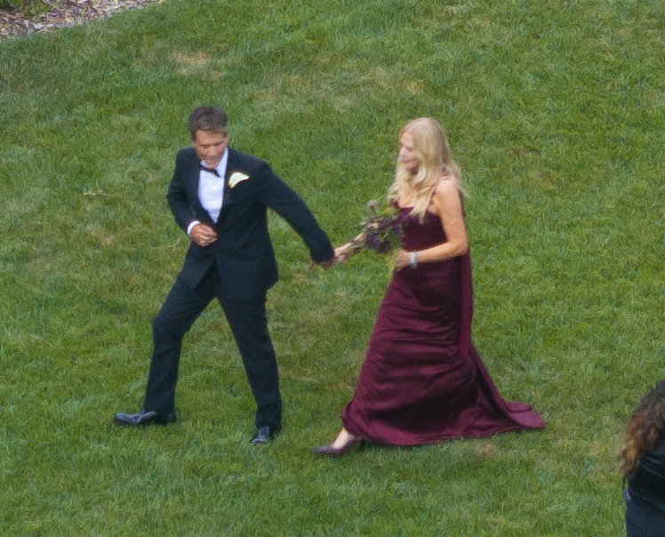 Rob Lowe in a tuxedo holds hands with Gwyneth Paltrow in a long burgundy gown on a lawn.