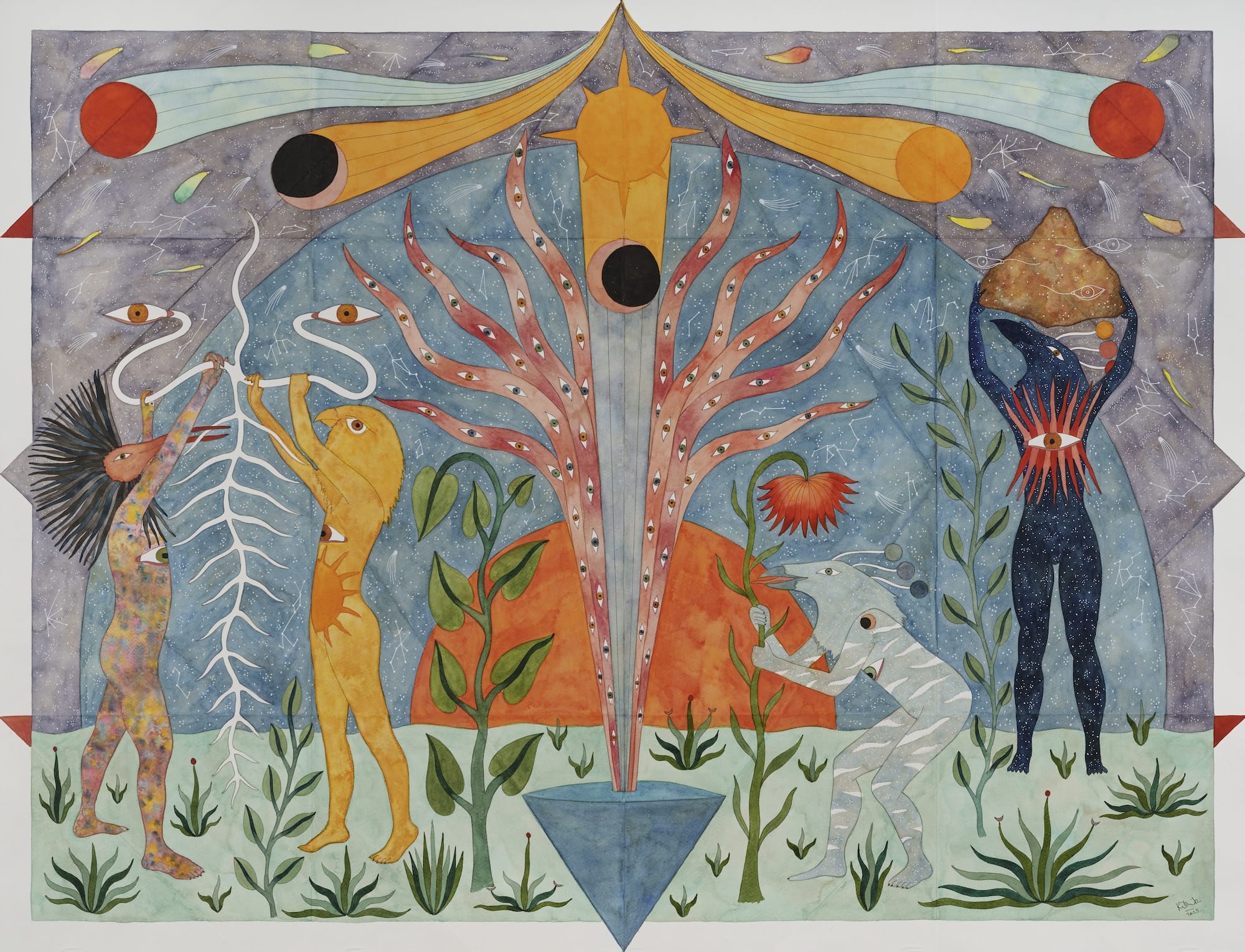 a fantastical painting featuring hybrid creatures in a surreal, symmetrical tableaux