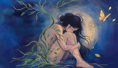 A figure with long dark hair sits curled up, knees to chest and head bowed, as green vines grow up and around their body under a pale full moon, with a golden butterfly and falling leaves against a deep blue night sky.