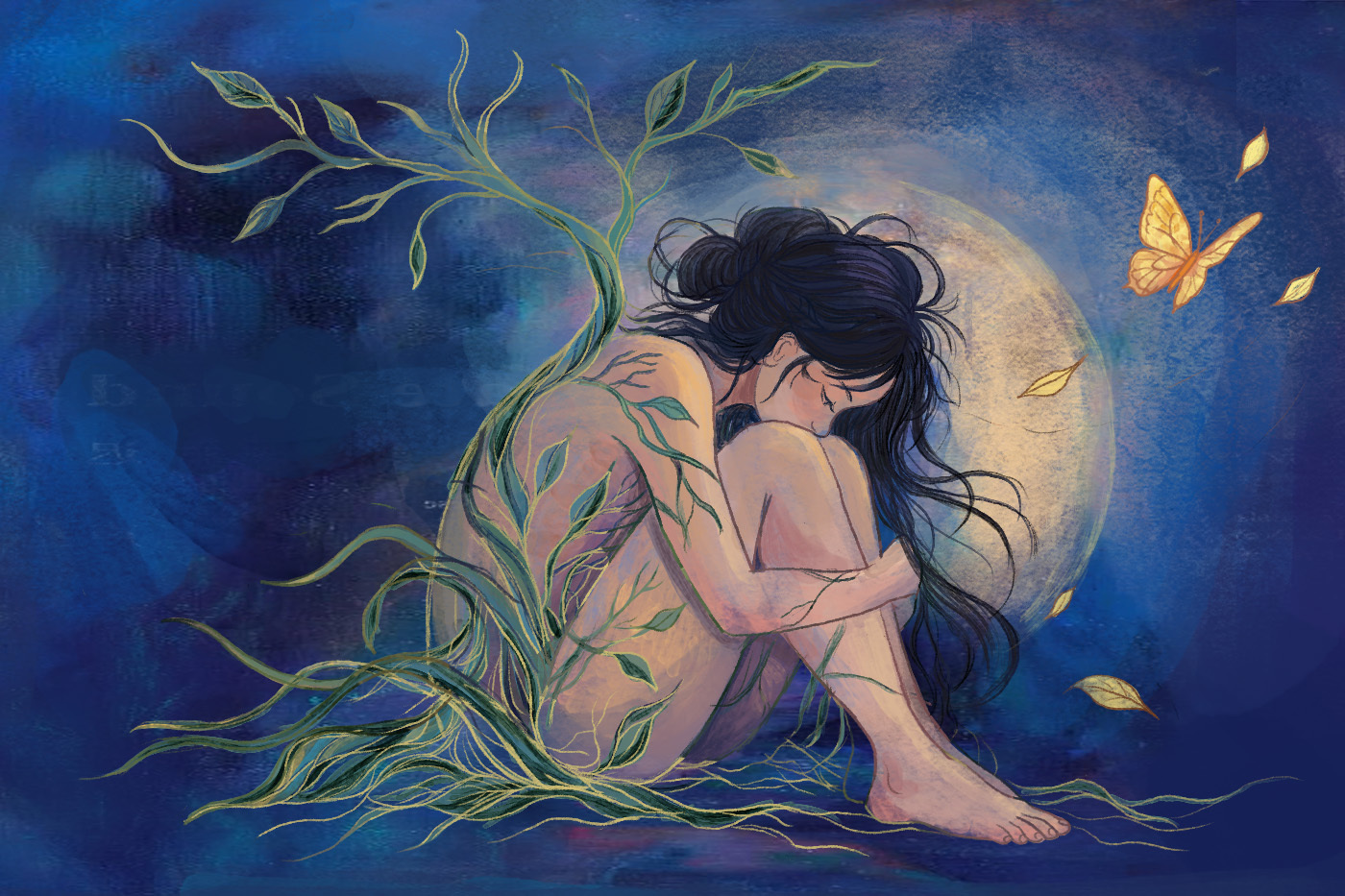 A figure with long dark hair sits curled up, knees to chest and head bowed, as green vines grow up and around their body under a pale full moon, with a golden butterfly and falling leaves against a deep blue night sky.