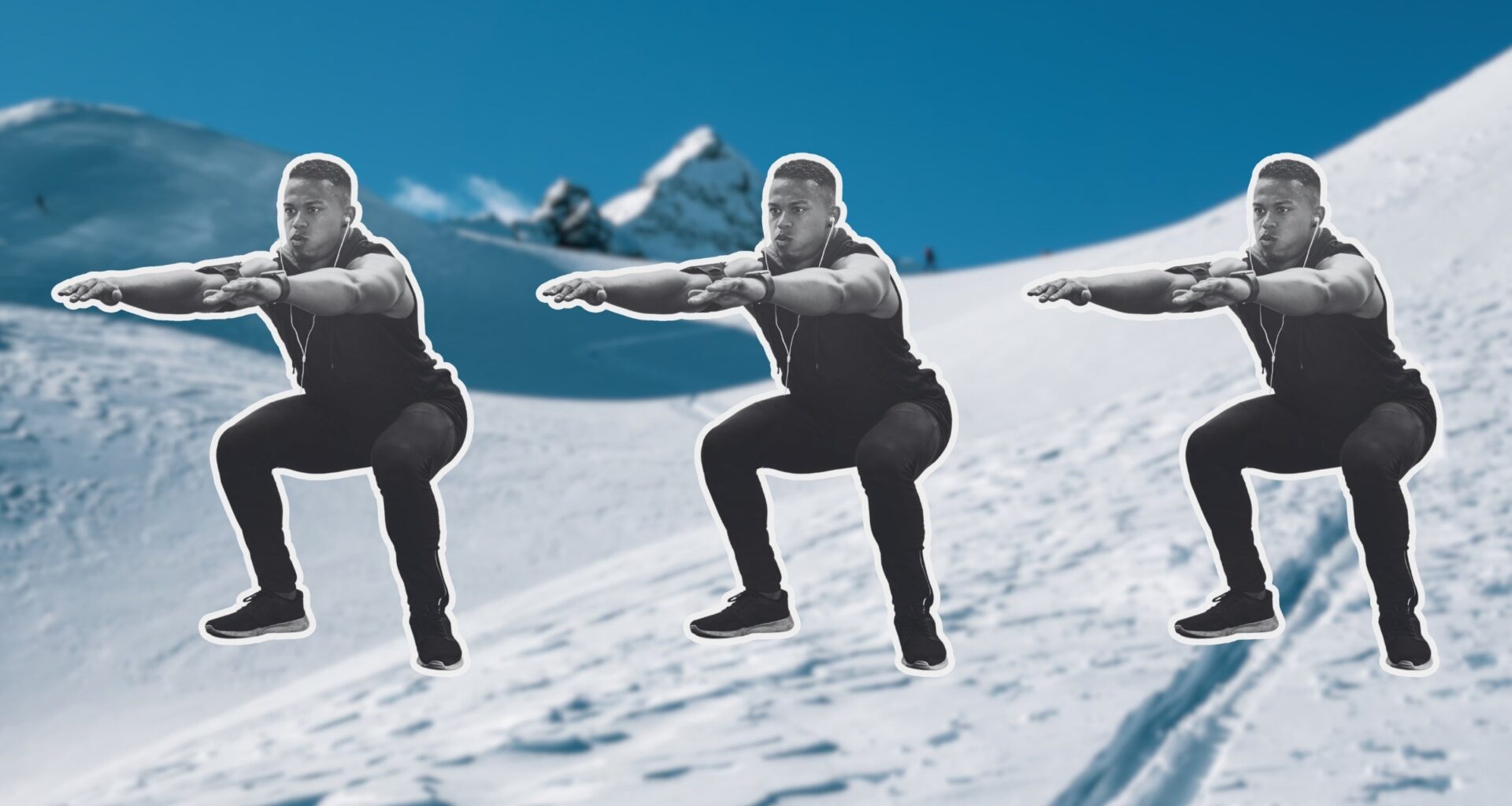 person doing squats on a ski mogul background