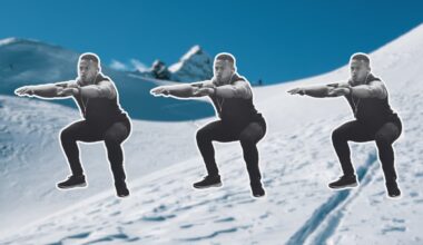 person doing squats on a ski mogul background