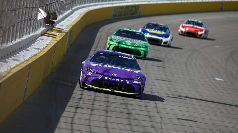 Denny Hamlin, driver of the #11 Yahoo! Toyota, leads the field